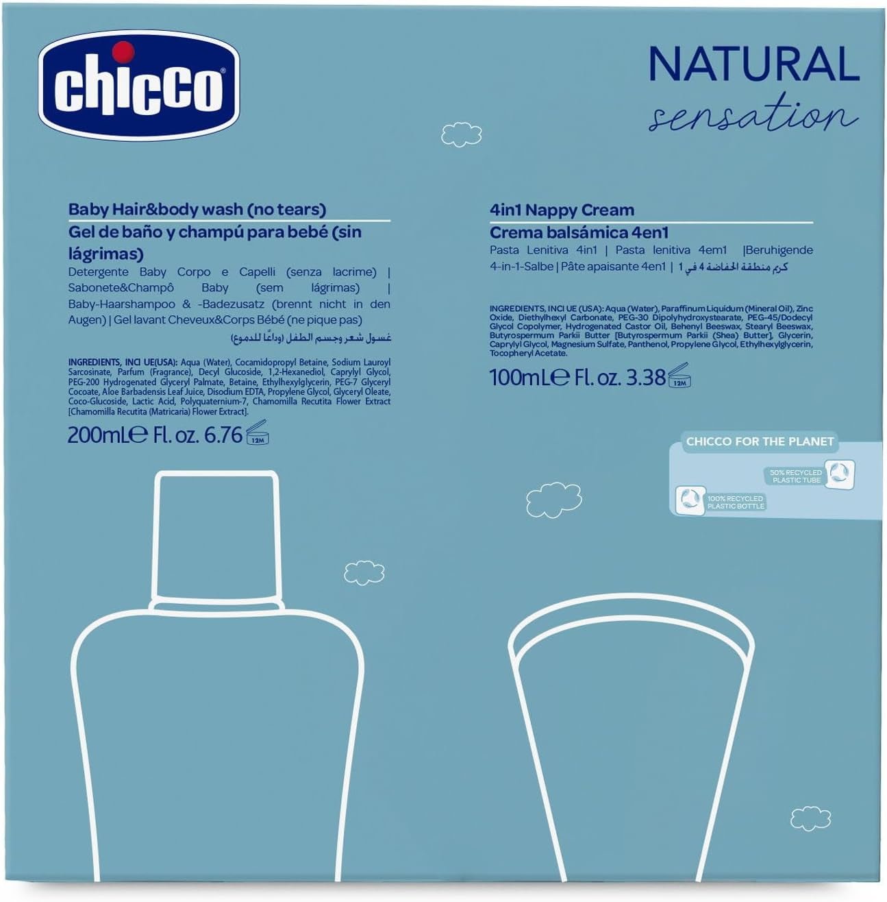 CHICCO NATURAL SENSATION - SADA 2: 1 ŠAMPON A KOUPEL - NEVYSUŠUJÍCÍ 200 ML, 1 KRÉM 4V1 CHANGE 100 ML Děti - Koupel a péče o pleť Naty Shop
