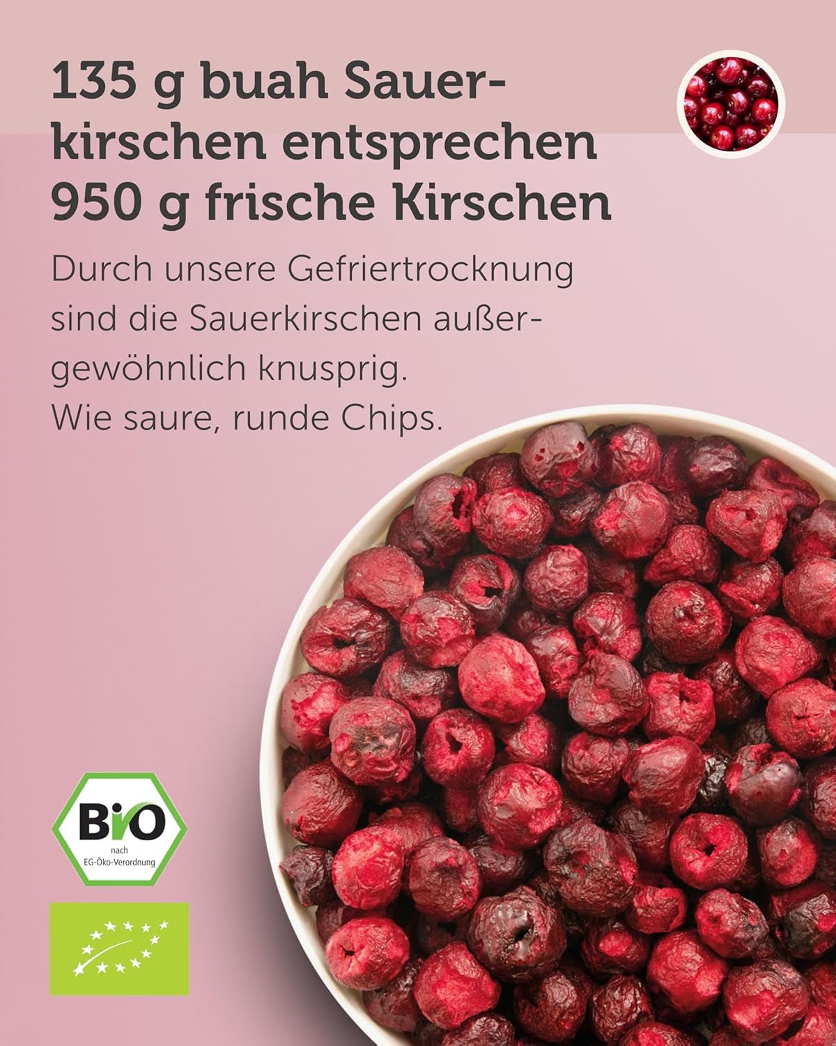 Mrazem sušené hořké třešně BUAH® | Celé hořké třešně jako svačina nebo do müsli | Ideální náhrada za cukroví | Vegan a bez přidaného cukru | 135 g dehydratovaných produktů Naty Shop