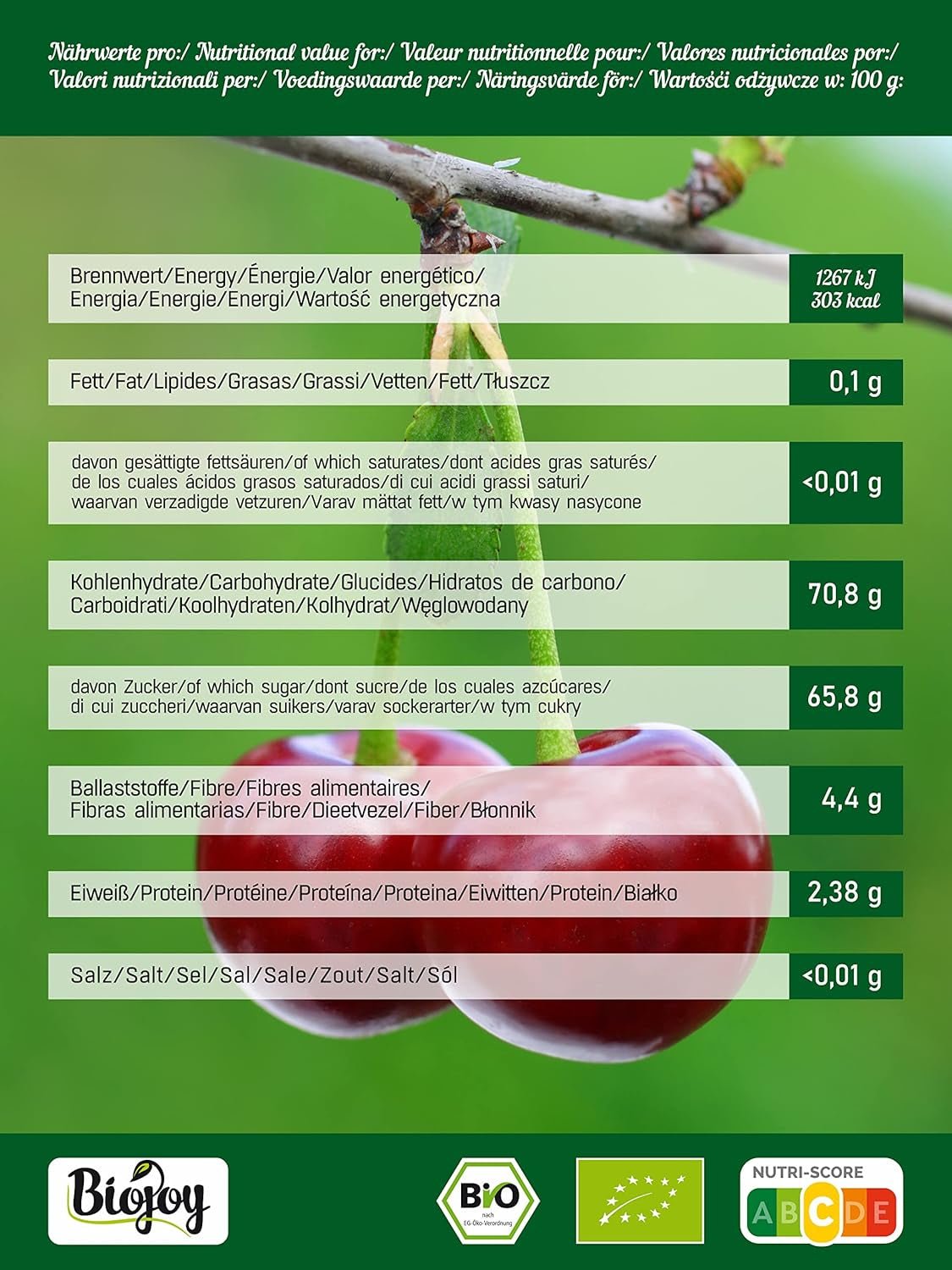 Biojoy sušené třešně (500 g), vypeckované a bez síry Sušené produkty Naty Shop
