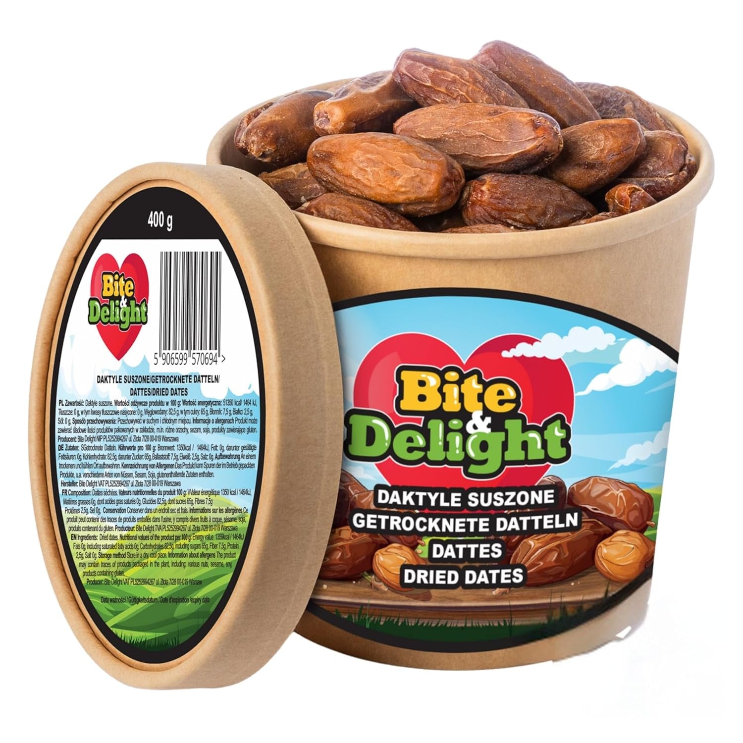 Sušené datle Bite & Delight - Celé, sušené a přírodní - Aromatické sladkosti - Lahodné a šťavnaté - Hotová ovocná svačina - Vegan - Bez přidaného cukru - 1250 g Naty Shop dehydratované produkty 750 ml