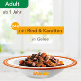 IAMS Delights Mokré krmivo pro kočky se šťavnatým hovězím masem a želé mrkví – kompletní mokré krmivo pro dospělé kočky, 24 sáčků x 85 g