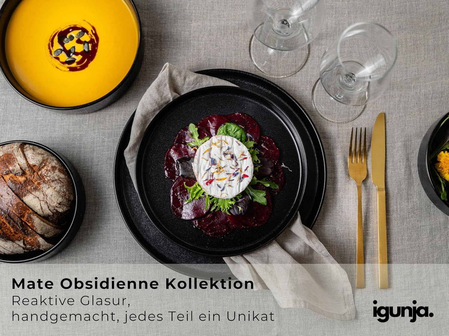 Sada černých kameninových mís a talířů [12 kusů pro 4 osoby] 100% ručně vyráběná sada černého nádobí s reaktivní glazurou prémiové kvality