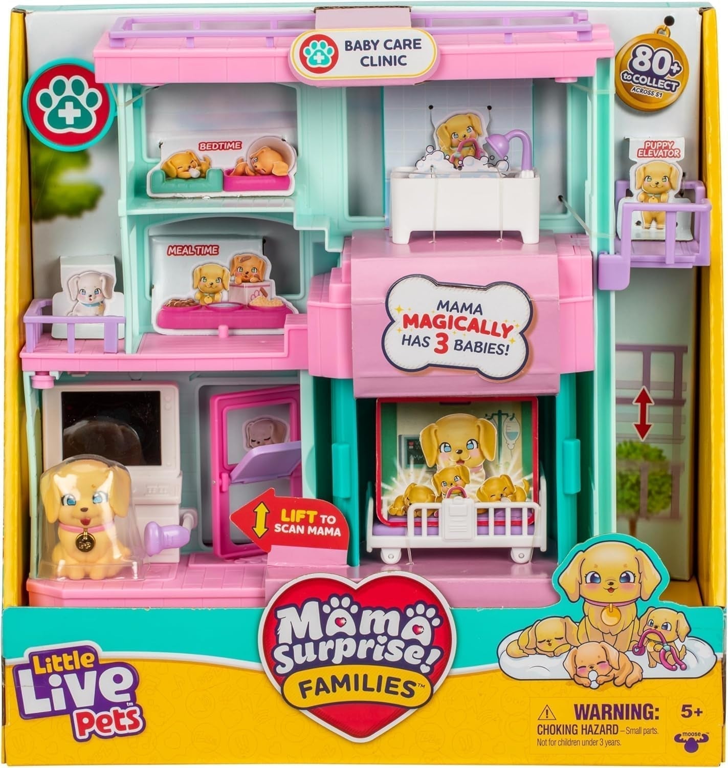 Hrací sada Little Live Pets Mama Surprise Families Baby Clinic, včetně 3 štěňat retrívrů, Magic, oboustranná herní sada (27,8 cm W, 23,8 cm V). Krmení, koupání a hraní pro děti Dárkové akční figurky Naty Shop Výchozí název