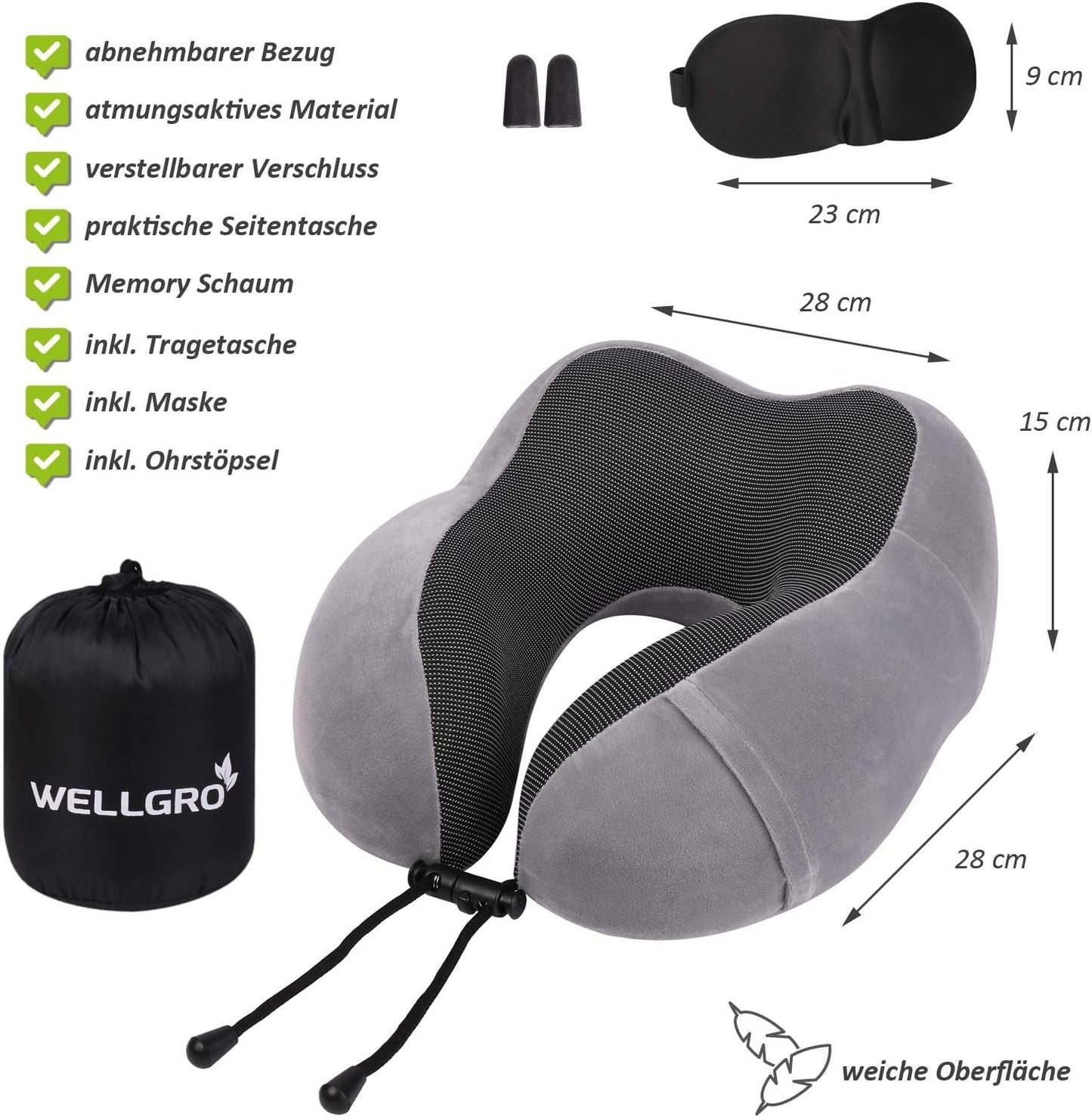 Sada polštářů na krk WELLGRO s 3D maskou na spaní a špunty do uší - Odnímatelný potah - Paměťová pěna - Zapínání na zip - Včetně úložného sáčku - Cestovní polštář - Volitelná barva, Barva: Šedá Ortopedické polštáře na krk Naty Shop