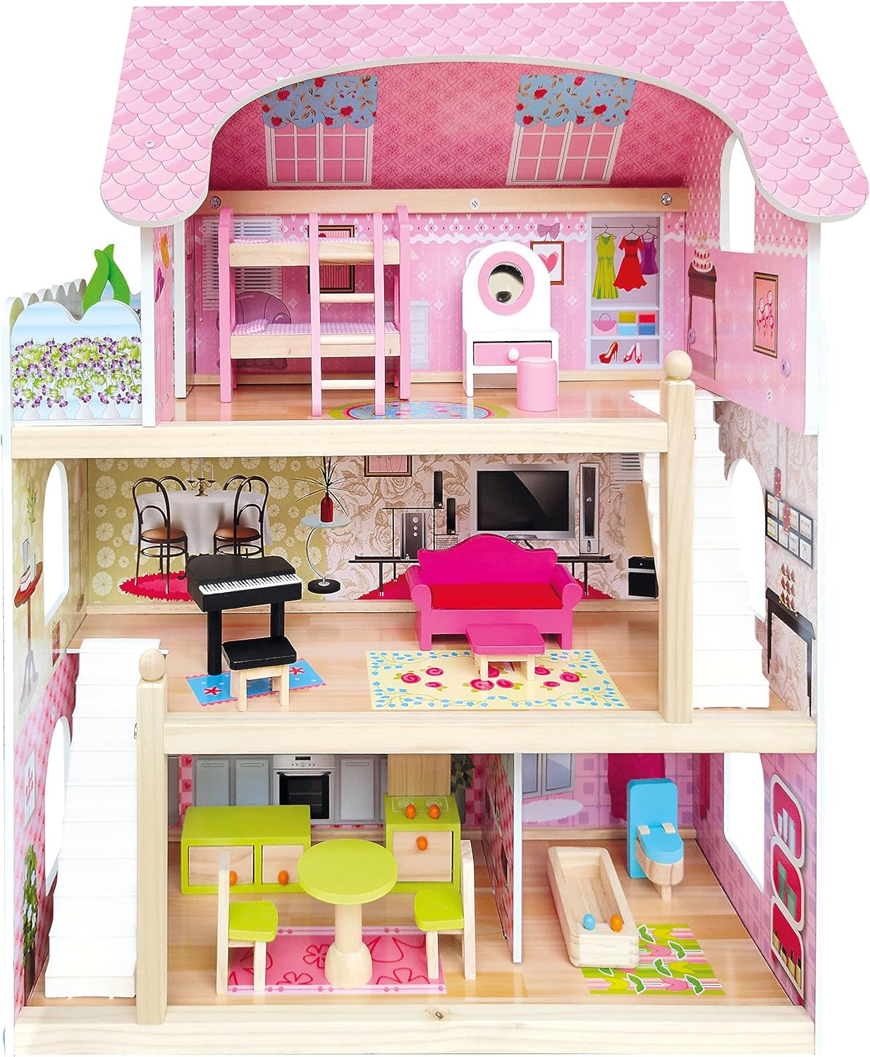 Bino World of Toys Domeček pro panenky s balkonem, Hračka pro batolata od 3 let, se 3 patry, schodištěm, 4 pokoji a balkonem vč. 15-TLG. Příslušenství, Pro podporu dovedností dětí, Růžový design Domky pro panenky Naty Shop Výchozí název