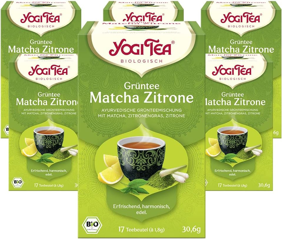 Yogi Tea - zelený čaj Matcha s citronem, BIO bylinný ajurvédský zelený čaj, směs zeleného čaje, Matcha, citronová tráva a limetka, Yogi čaj 6 balení, 6x17 čajových sáčků (celkem 102 čajových sáčků)