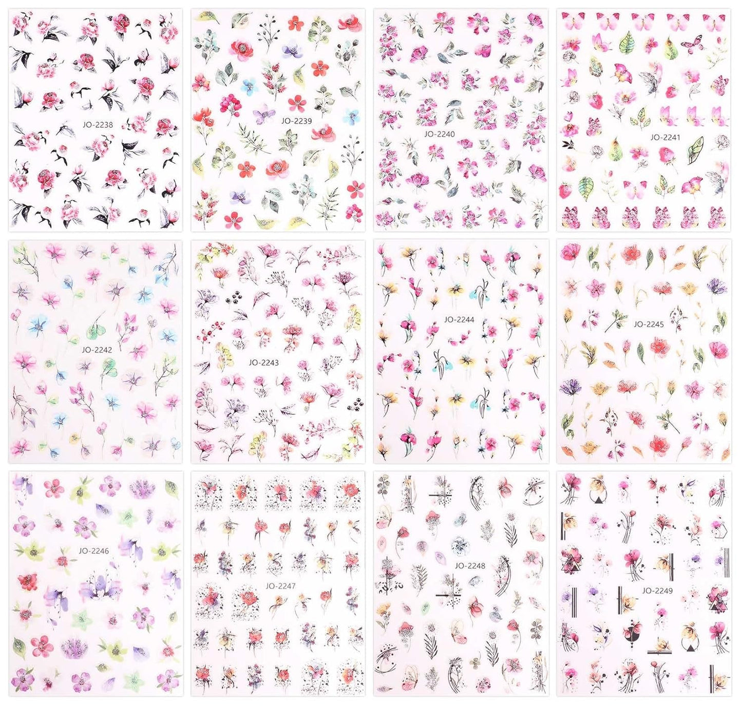 JMEOWIO Nálepka na nehty Frühling Blume 12 Blatt Nálepka na nehty Selbtklebend Nagelaufkleber Blätter Dekoration Nageldesign Zubehör