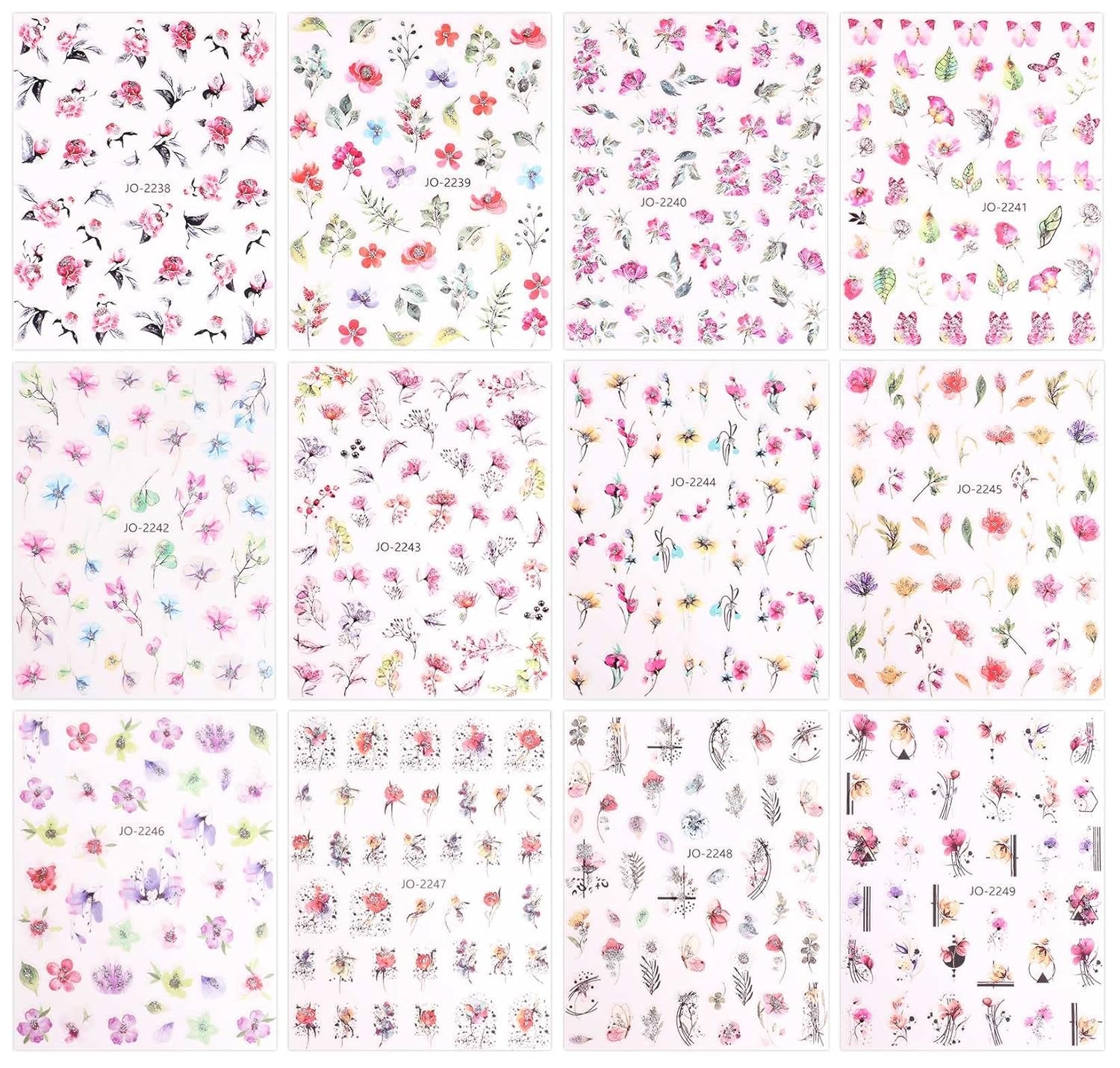 JMEOWIO Nálepka na nehty Frühling Blume 12 Blatt Nálepka na nehty Selbtklebend Nagelaufkleber Blätter Dekoration Nageldesign Zubehör