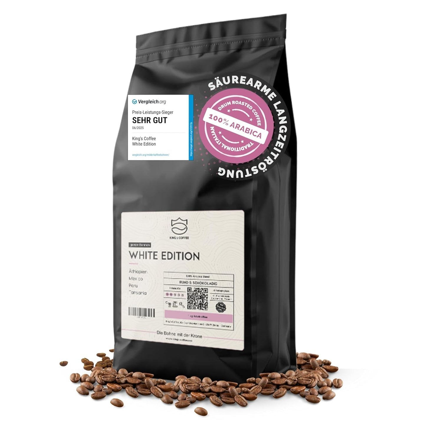 KING'S COFFEE - WHITE EDITION - lehká směs 100% Arabica z Etiopie, Mexika, Peru a Tanzanie - pražení malých dávek v Itálii - celá zrna espressa pro portafiltrační stroje - 1 kg