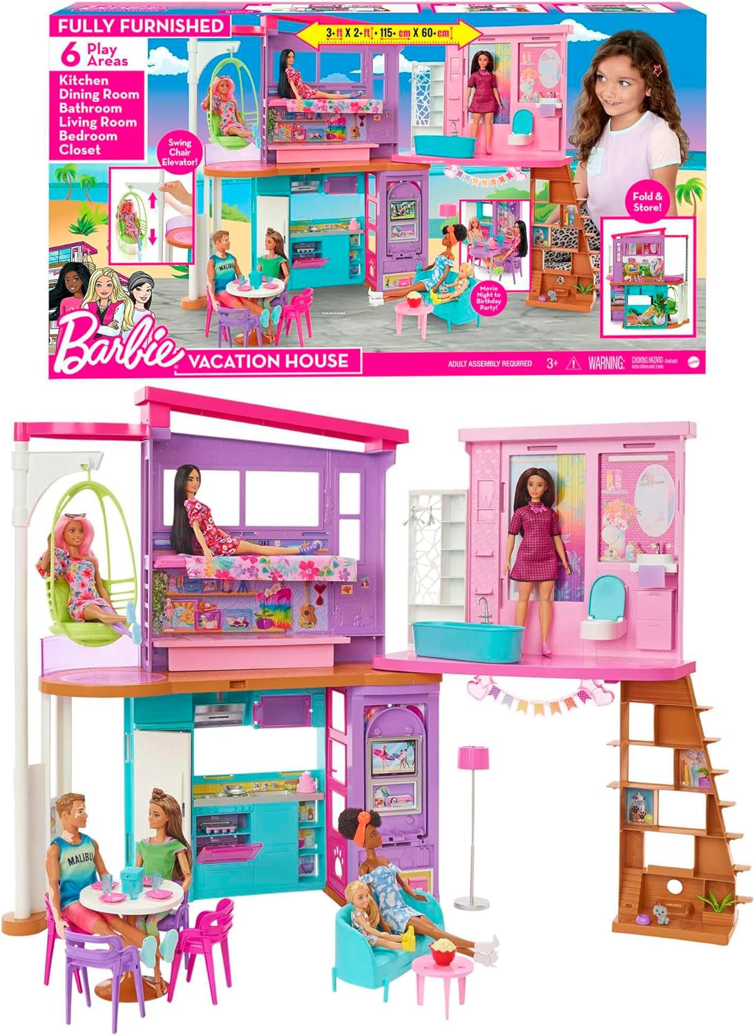 Prázdninový dům Barbie (116 x 77,9 cm), 6místný domeček na hraní, kompletně zařízený s příslušenstvím, nábytkem a výtahem, skládací a úložný, panenka, dárek pro děti od 3 let, HCD50
