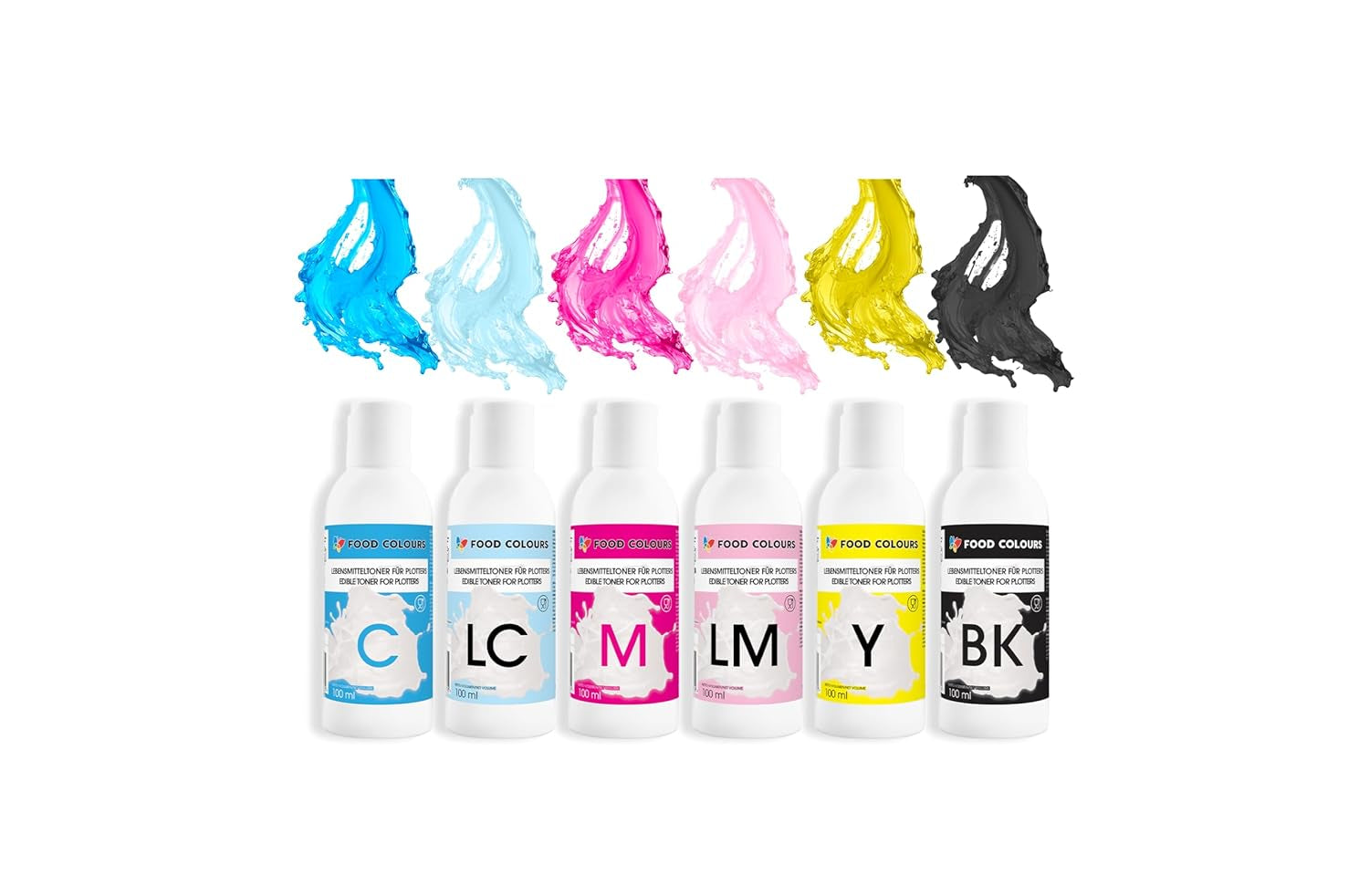 Sada potravinářských barviv s jedlými inkousty pro plotry 6 x 100 ml | Světle azurová | Azurová | Světle purpurová | | Purpurová | Žlutá | Černá | Jedlý potisk, potisk oplatkového papíru, ozdobné polevy dortů