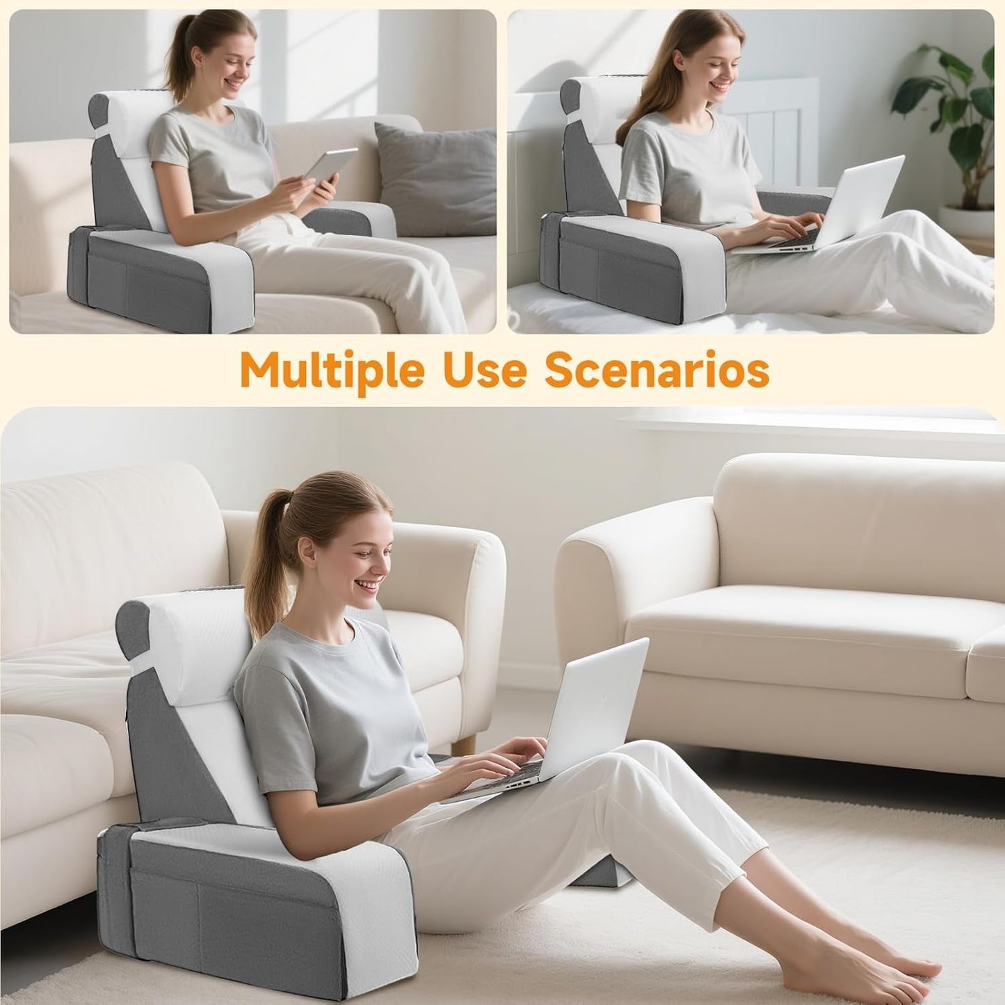 Velký polštář na čtení s odnímatelnou oporou krku a područkami, zádový polštář do postele, ergonomický zádový polštář s paží, kapsou a pratelným potahem na čtení a sledování televize.