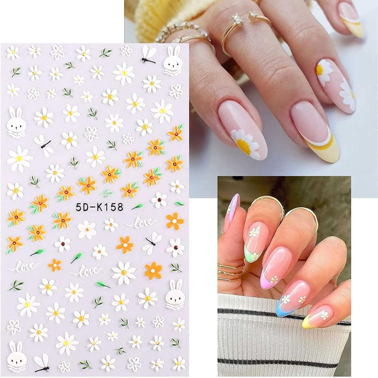 JMEOWIO 3D Nálepka na nehty Blume Frühlings Nálepka na nehty Selbstklebend Nagelaufkleber 5D Stereoskopisch Summer Bunter Blumen Dekoration Nageldesign Zubehör 4 Blatt