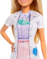 Barbie panenka zubního lékaře, módní panenka s blond vlasy, modrými šaty a laboratorním pláštěm, 1 dětská panenka, příslušenství ke zkoušce a různé doplňky, JCR74