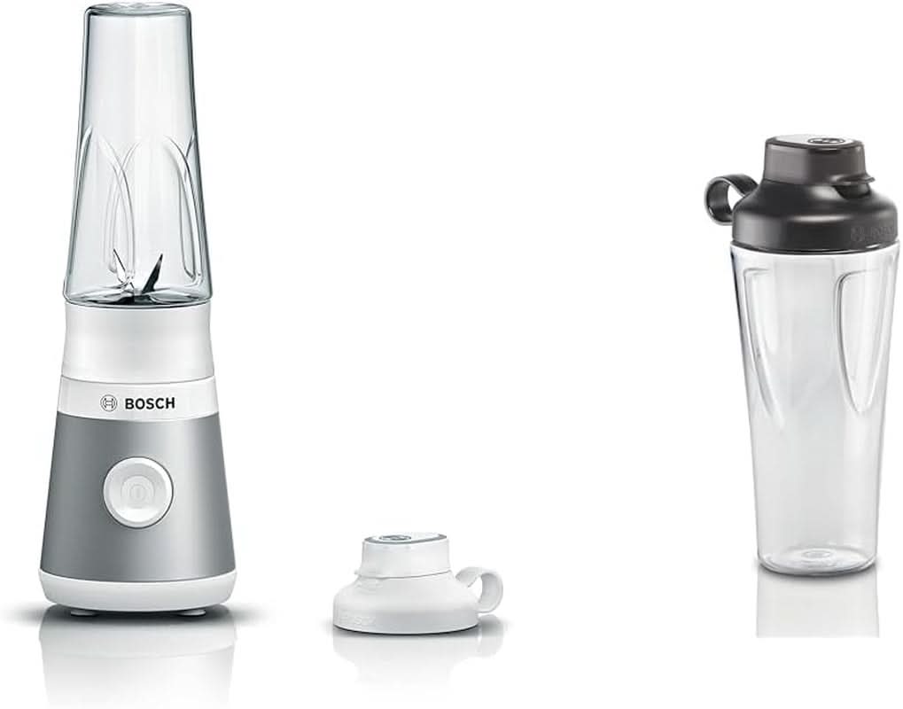 Bosch Mini-stojanový mixér Vitapower Serie 2 MMB2111S, vysokorychlostní mixér, Bis Zu 40 000 ot./min., Tritan Togo-Flasche 0,6 L, Trinkdeckel, Bruchsicher, Spülmasch.Geeignete Teile, 450W, Silber/Silber-Shop-Schwarz Kuchyně F