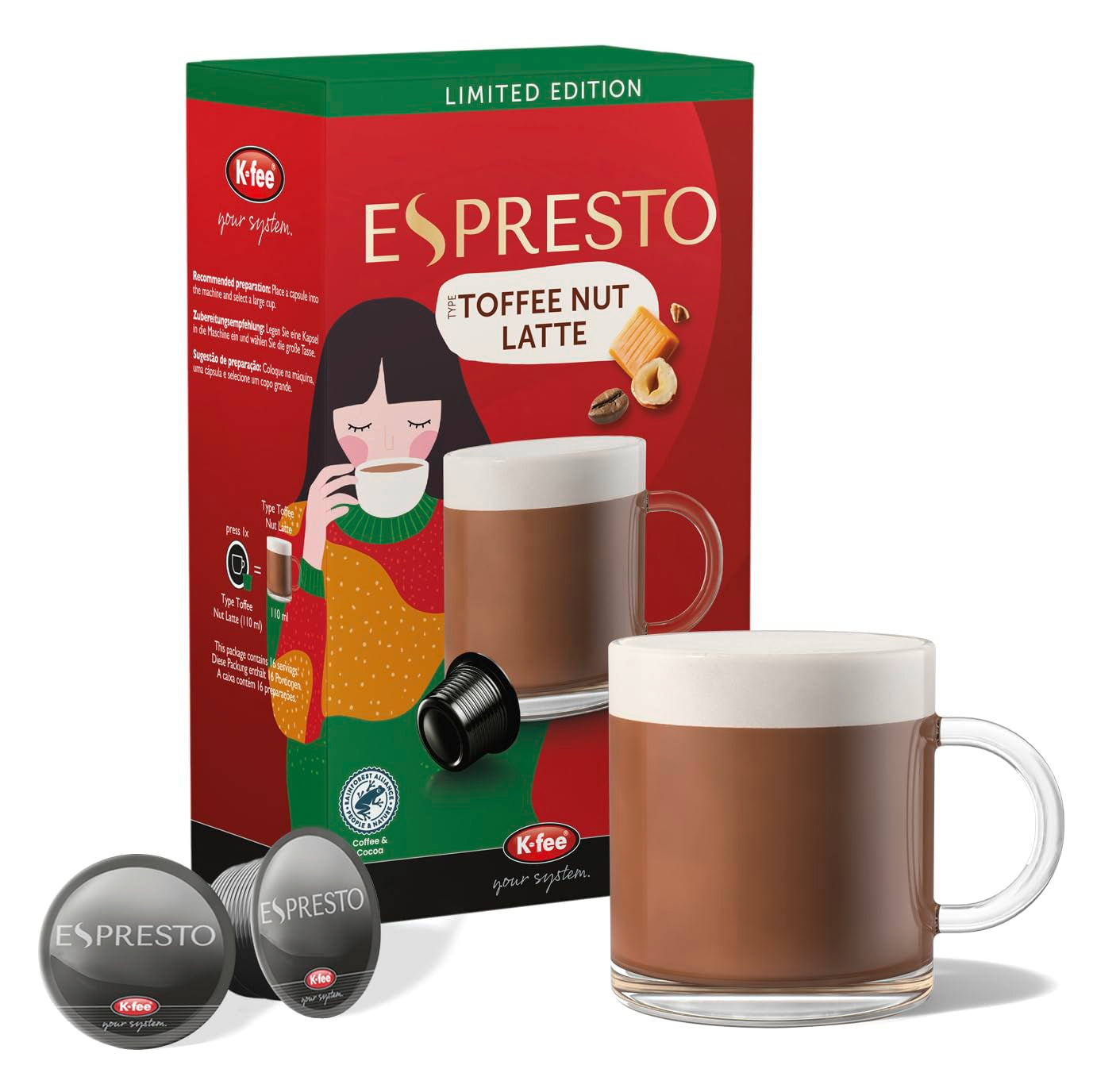 ESPRESTO Toffee Nut Latte, kompatibilní s K-fee & ALDI EXPRESSI*, ochucená mléčná káva, certifikace RFA, 96 kapslí