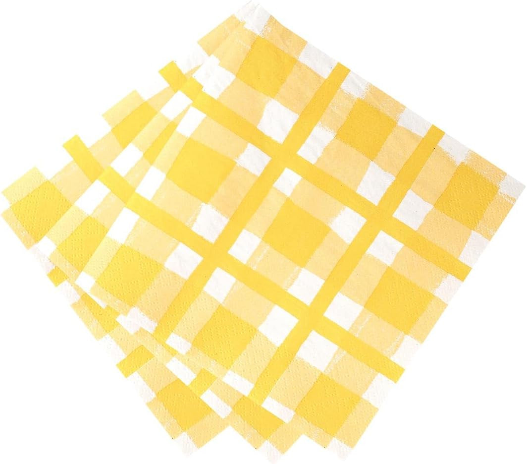 Mluvící stolky 20 x Yellow Gingham jednorázové recyklované papírové ubrousky pro venkovní letní pikniky a večeře, ekologické pro narozeninové oslavy, Velikonoce, svatby, grilování, 3 vrstvy 33 cm