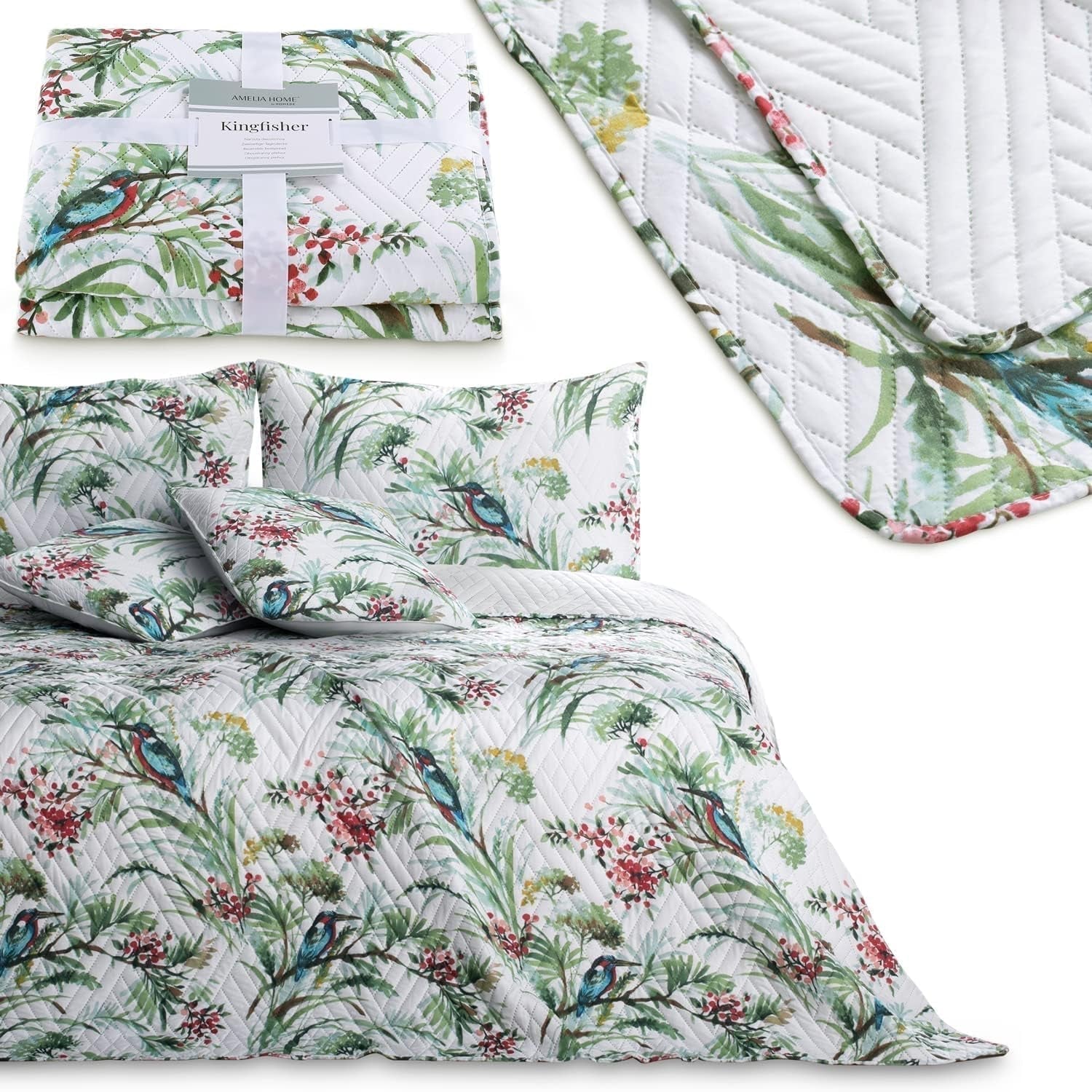 Ameliahome Přehoz přes postel Přehoz na postel 260X280 Cm Oboustranný Snadná údržba Vzor prošívané rostliny Vzor ptáků Vícebarevné Postele a přikrývky Ledňáček Besuche den AmeliaHome-Store