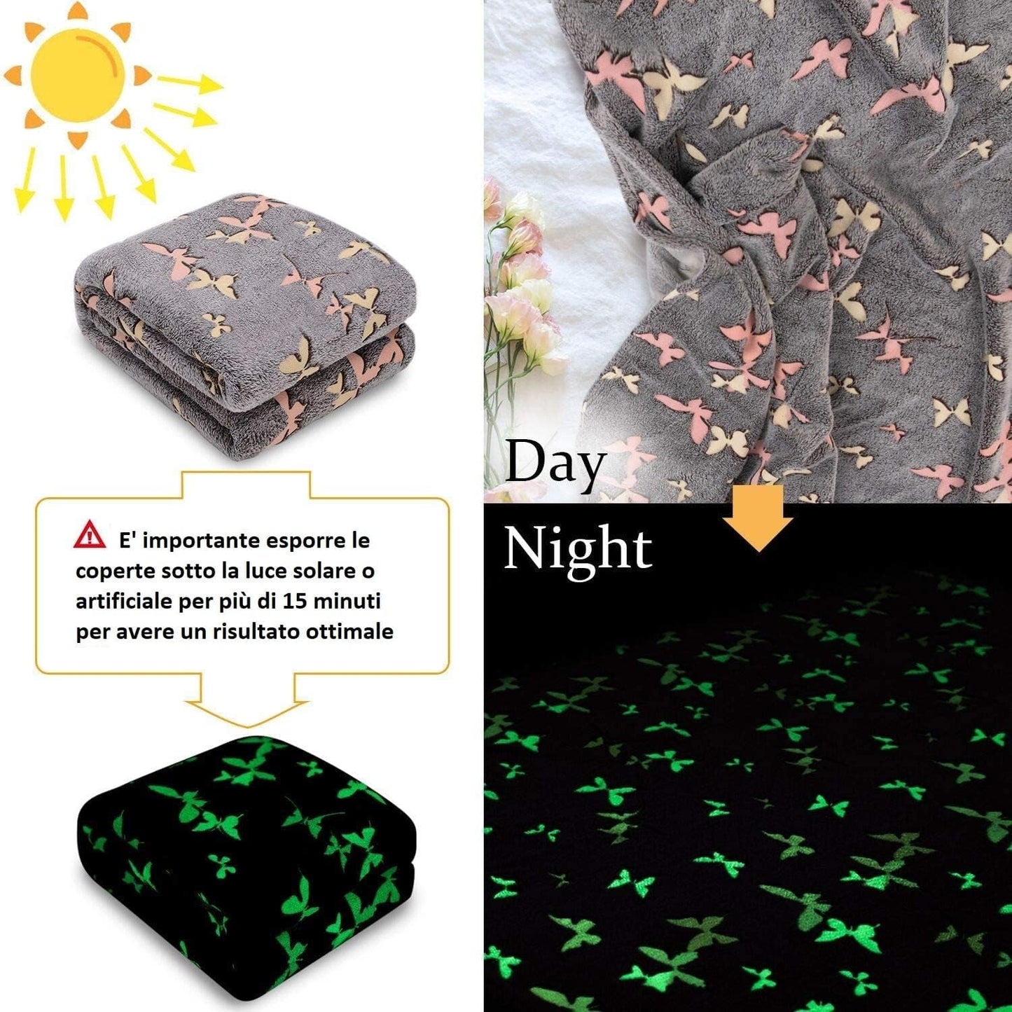 Přehoz na postel Kanguru Glow Glow in the Dark Deka Butterfly Měkká deka 130X150Cm Světelná přehoz na pohovku. Dětská deka Glow in the Dark, šedá Postele a přikrývky Besuche den Kanguru-Store