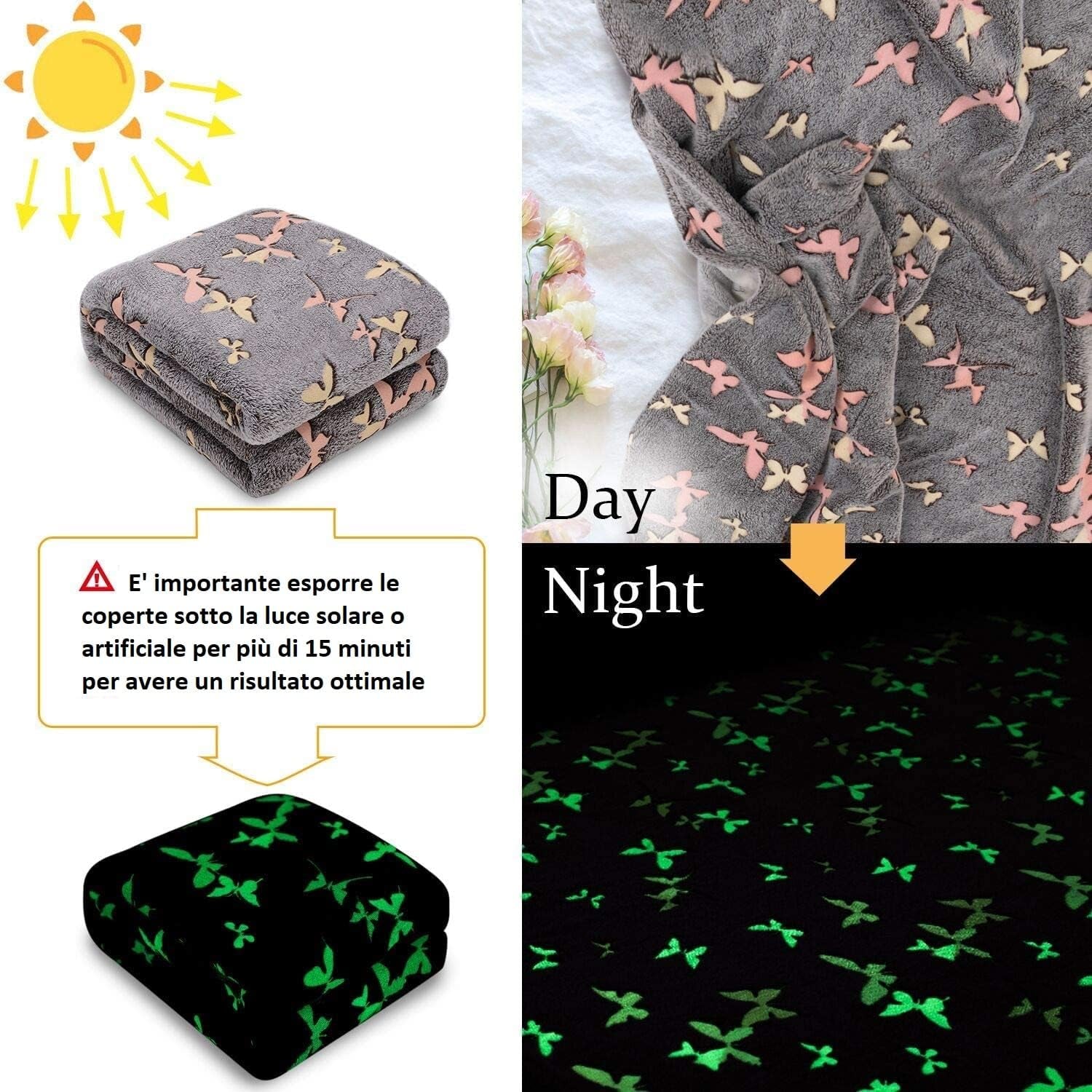Přehoz na postel Kanguru Glow Glow in the Dark Deka Butterfly Měkká deka 130X150Cm Světelná přehoz na pohovku. Dětská deka Glow in the Dark, šedá Postele a přikrývky Besuche den Kanguru-Store