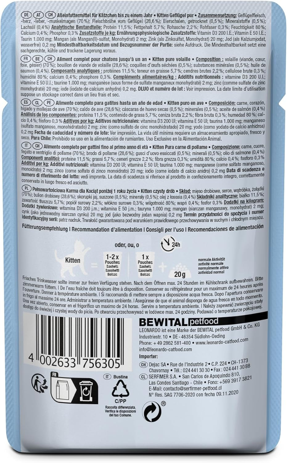 LEONARDO Fresh sáčky [16 x 85 g vlhké krmivo pro kočky, bez obilovin] | Kompletní mokré krmivo v jednotlivých sáčcích