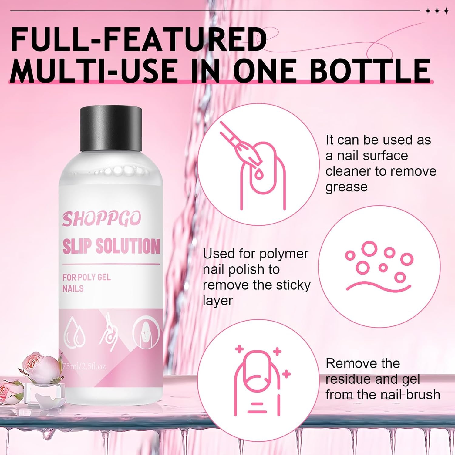 Polygelový roztok na nehty, sada na nehty Poly Gel Slip Solution, tekuté roztoky na nehty Polygel 75 ml, 5 klipů na nehty, 3 kartáčky na nehty, 1 křišťálový kelímek, 100 čisticích listů