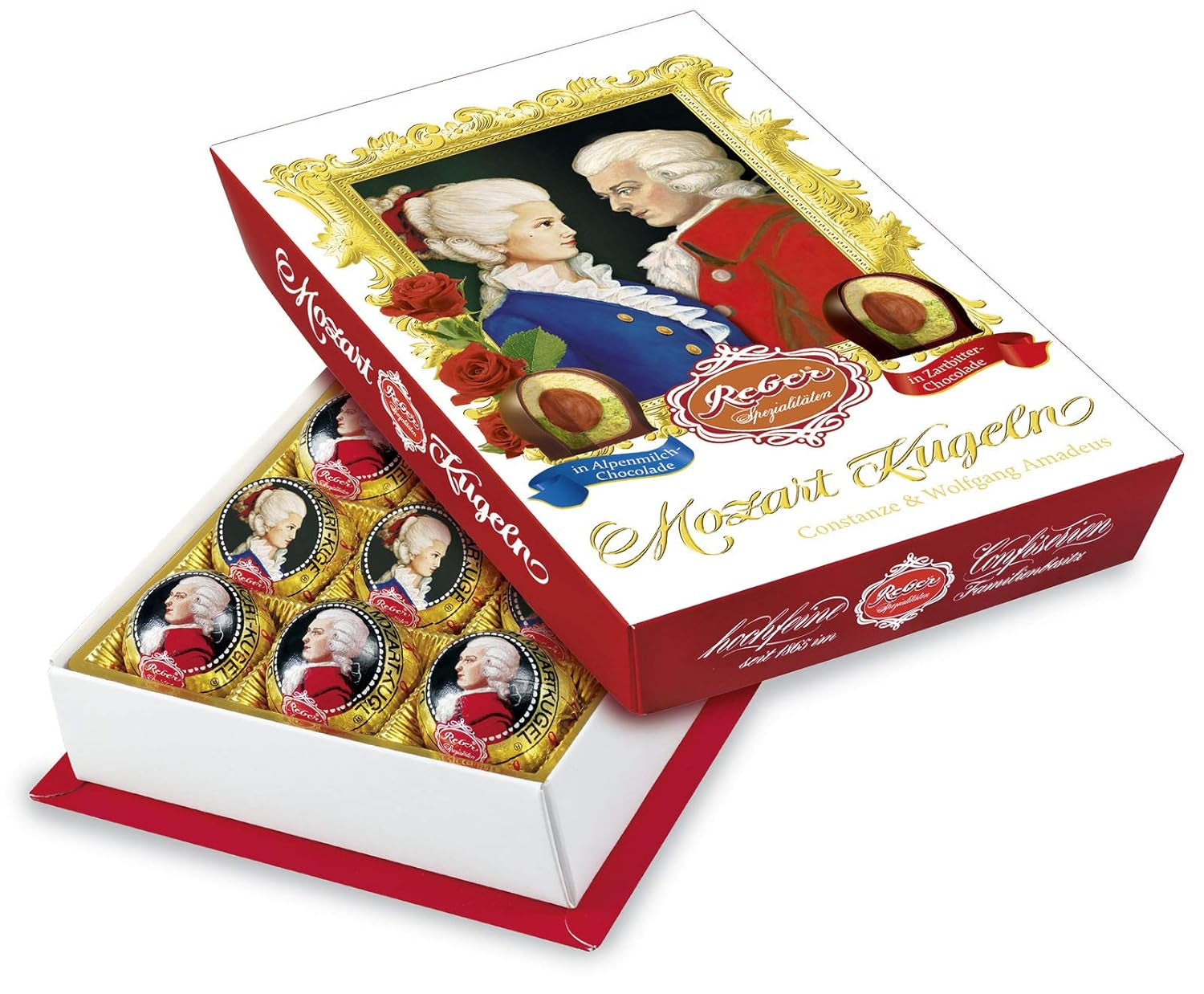 Reber Mozart kuličky s hořkou čokoládou, balení 6 ks s marcipánem a nugátem, veganské - 1 x 120 g