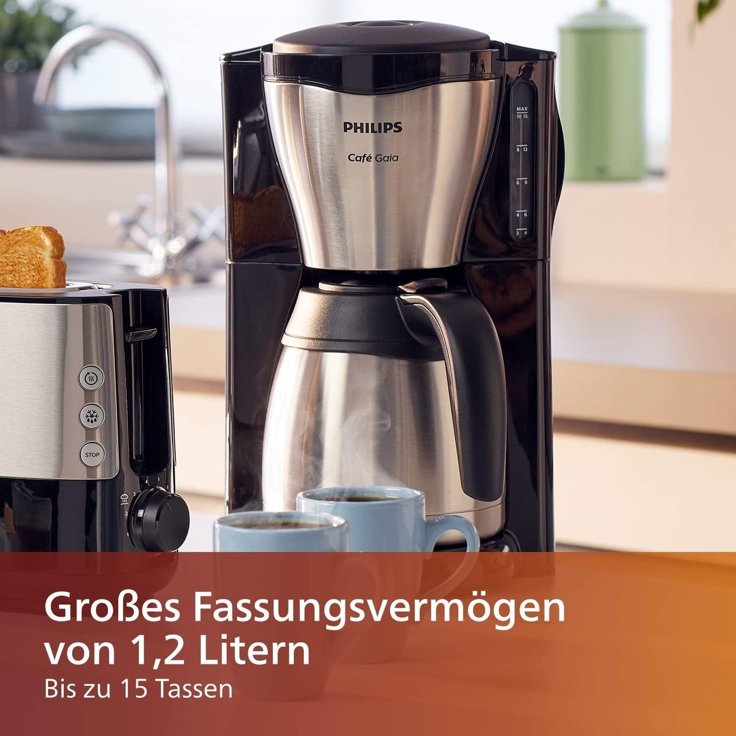 Espresso kávovar PHILIPS Café Gaia s filtrem – nerezová termoska, systém proti odkapávání, intenzivní aroma, automatické vypnutí, 1300 ml, černá (HD7546/20)