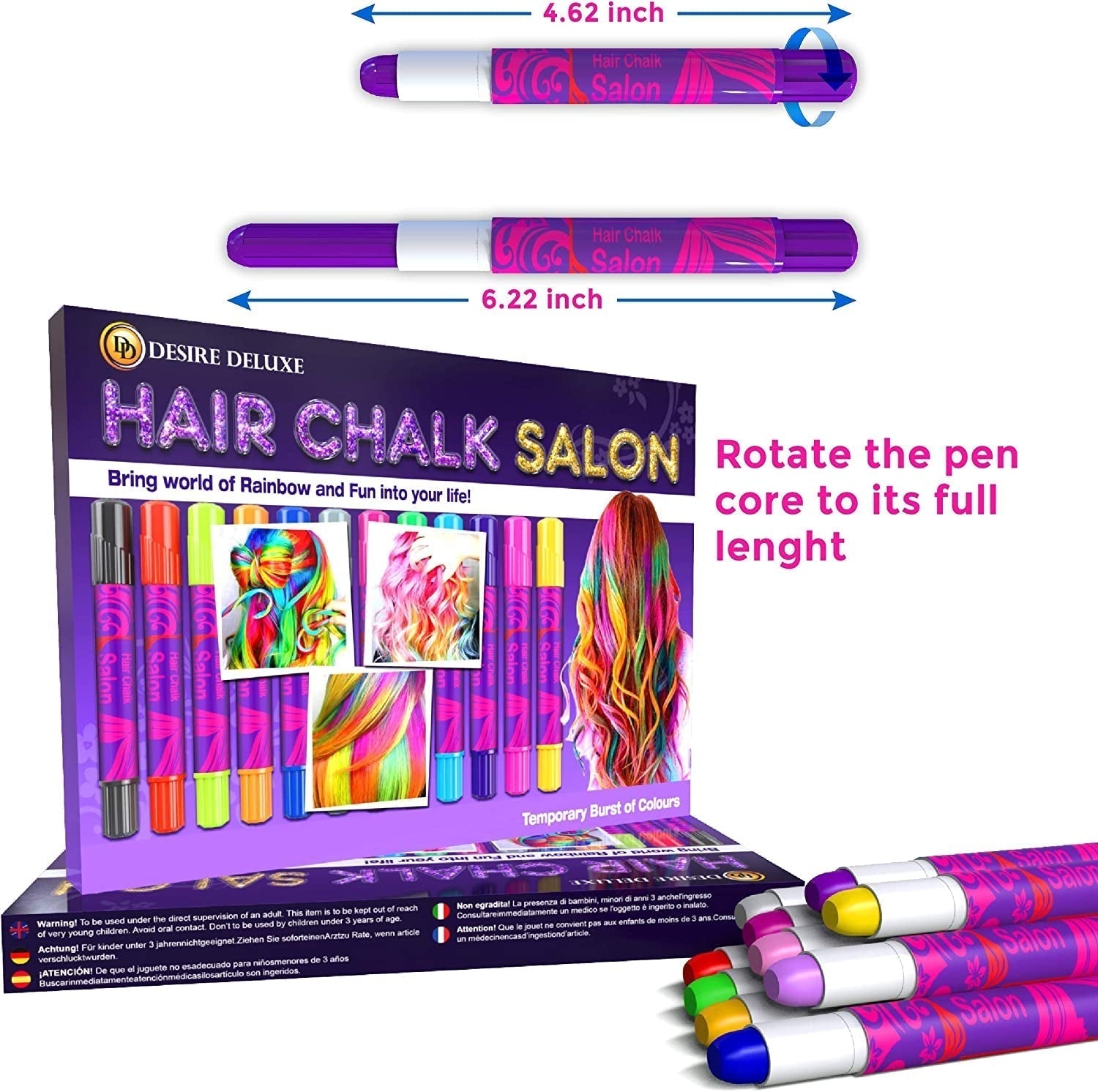 Desire Deluxe Hair Chalk dárky pro dívky, Křída na vlasy pro hračky na barvení vlasů k Vánocům, 10 omyvatelných per na vlasy na karneval, 3 4 5 6 7 8 9 11 let staré barvy na vlasy Naty Shop