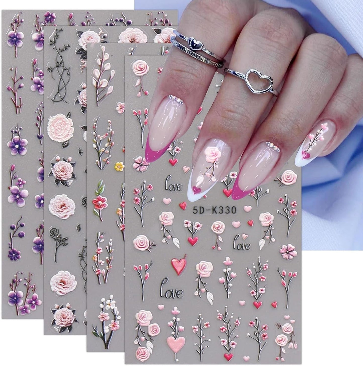 JMEOWIO 3D Nálepka na nehty Blumen Nálepka na nehty Selbstklebend Nagelaufkleber 5D Stereoskopické jarní letní dekorace Nageldesign Zubehör 4 Blatt