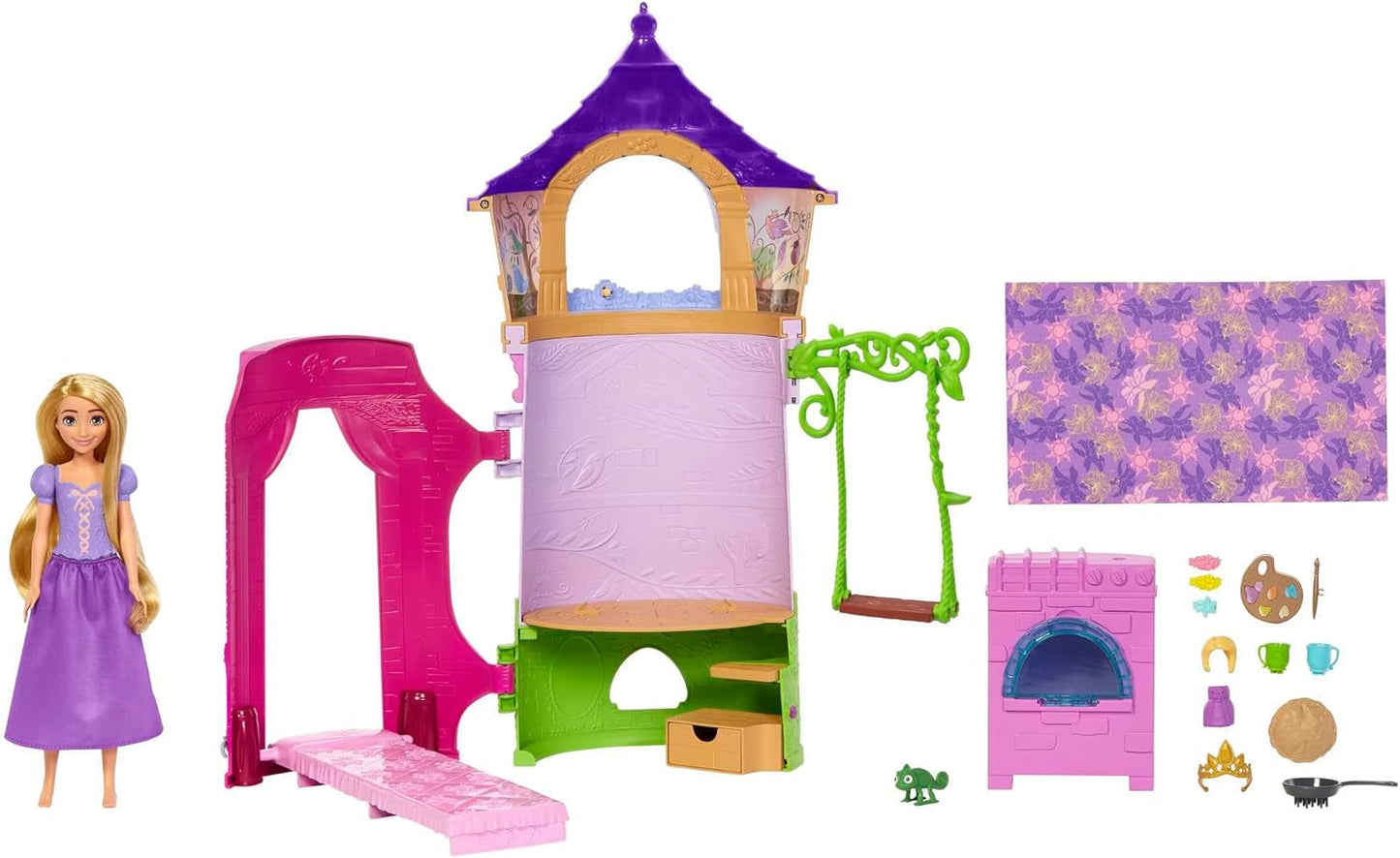 Disney Princess HMV99 - pohyblivá panenka Rapunzel a věž na hraní se zábavou všude kolem, 6 herních oblastí a 15 doplňků, inspirováno filmem Disney, hračky pro 3leté panenky Naty Shop Dolls Rapunzel's Tower