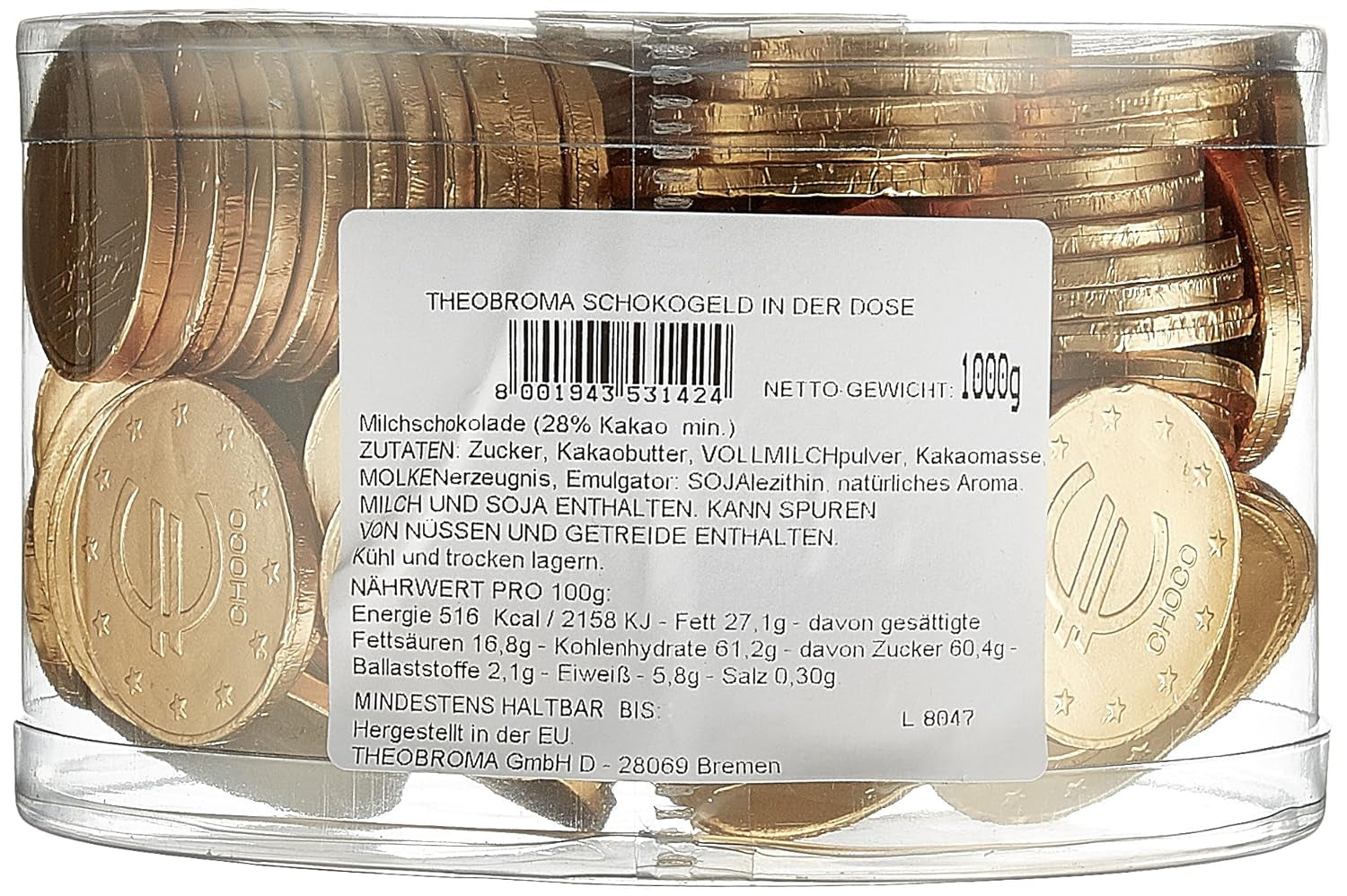 Theobroma Goldgeld Schokoladen Euro, Lose Münzen in Der Dose, 1Er Pack (1 X 1 Kg) Naty Shop