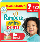 Pampers Premium Protection Pants Velikost 7, 123 Plenky, 15 kg+, s 360° nastavením a měkkými manžetami proti protečení pro optimální pohodlí a ochranu