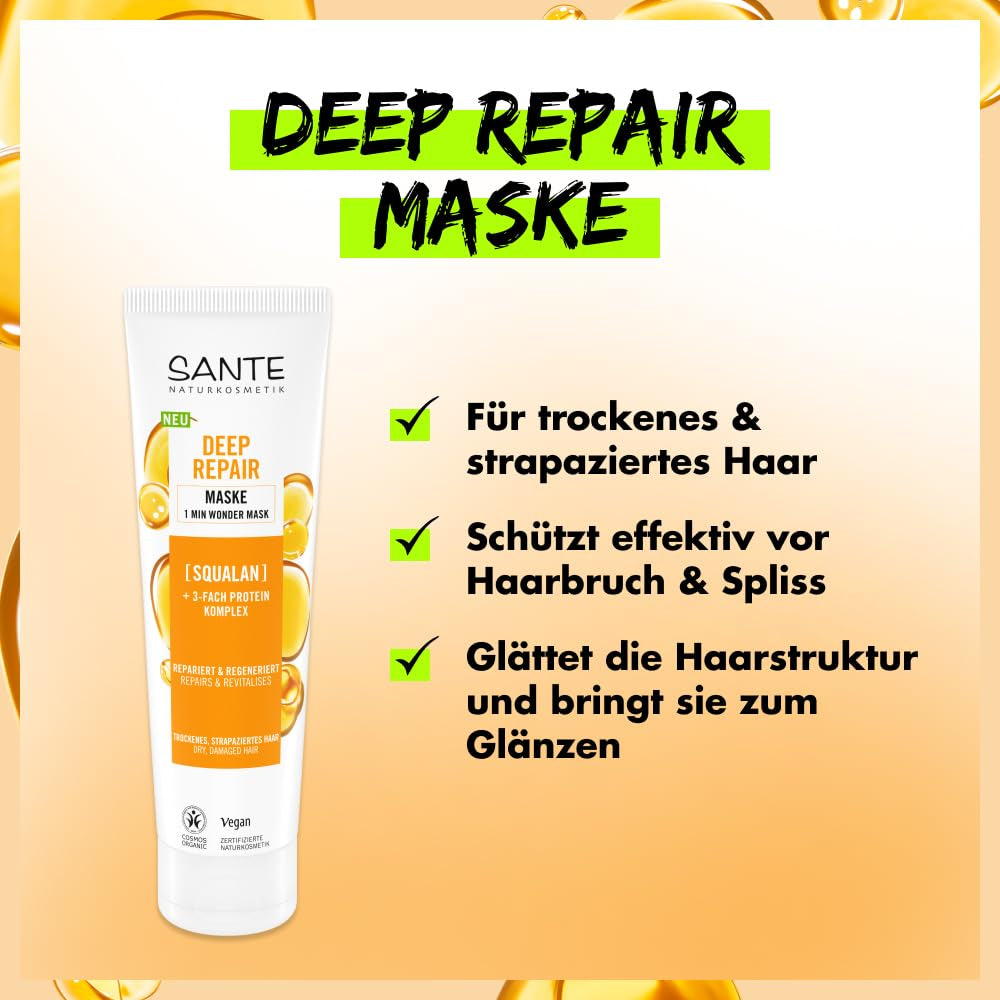 SANTE Natural Cosmetics Deep Repair Mask Squalane + 3x proteinový komplex, veganská maska na vlasy pro intenzivní hydrataci a pružné vlasy, opravuje a regeneruje poškozené vlasy, 150 ml Naty Shop Hair Mask