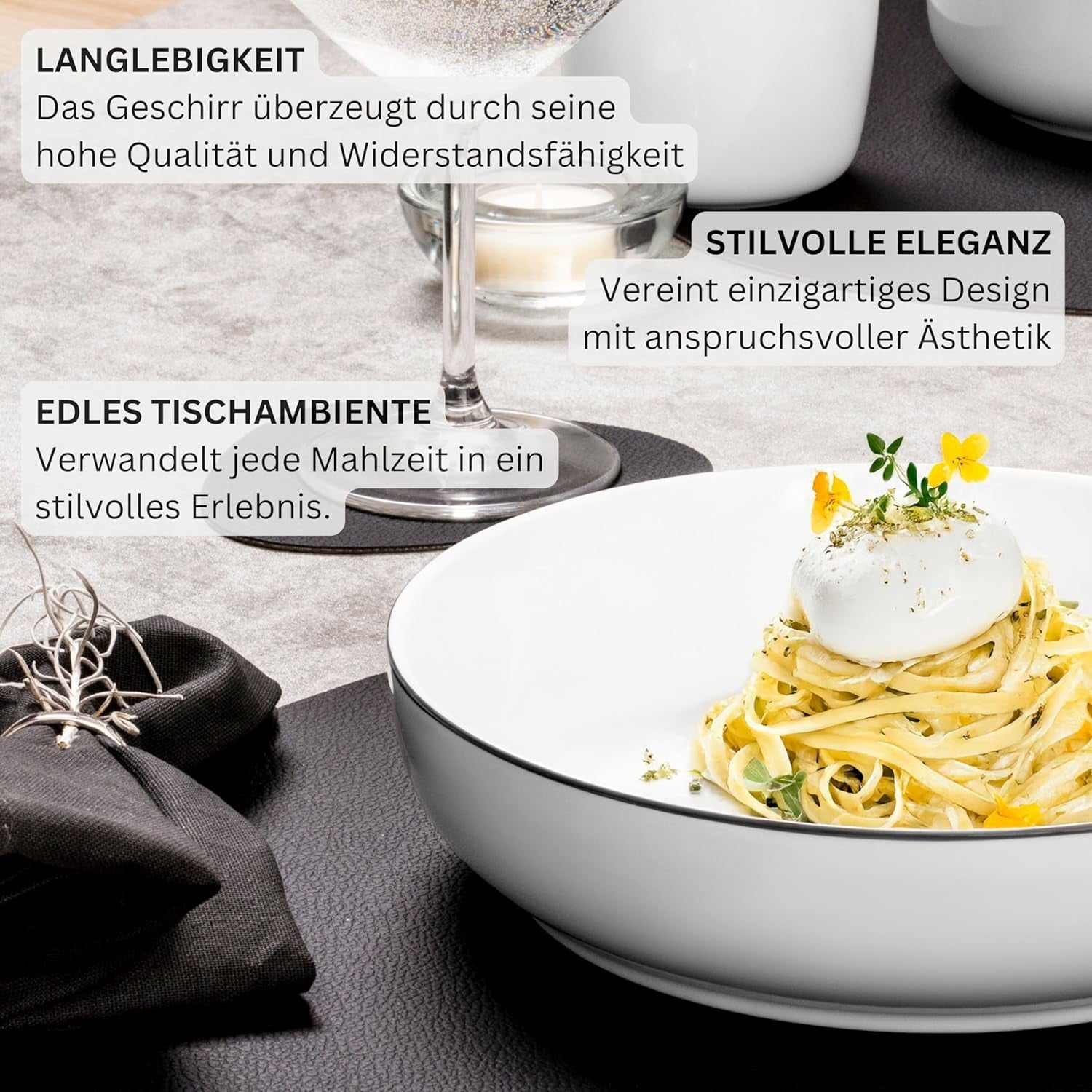 SANGER | Marlo Černobílá sada nádobí, 18dílná sada porcelánového nádobí pro 6, bílá s černými akcenty, Talíře, dezertní talíře a misky, moderní design | PRÉMIOVÁ KOLEKCE