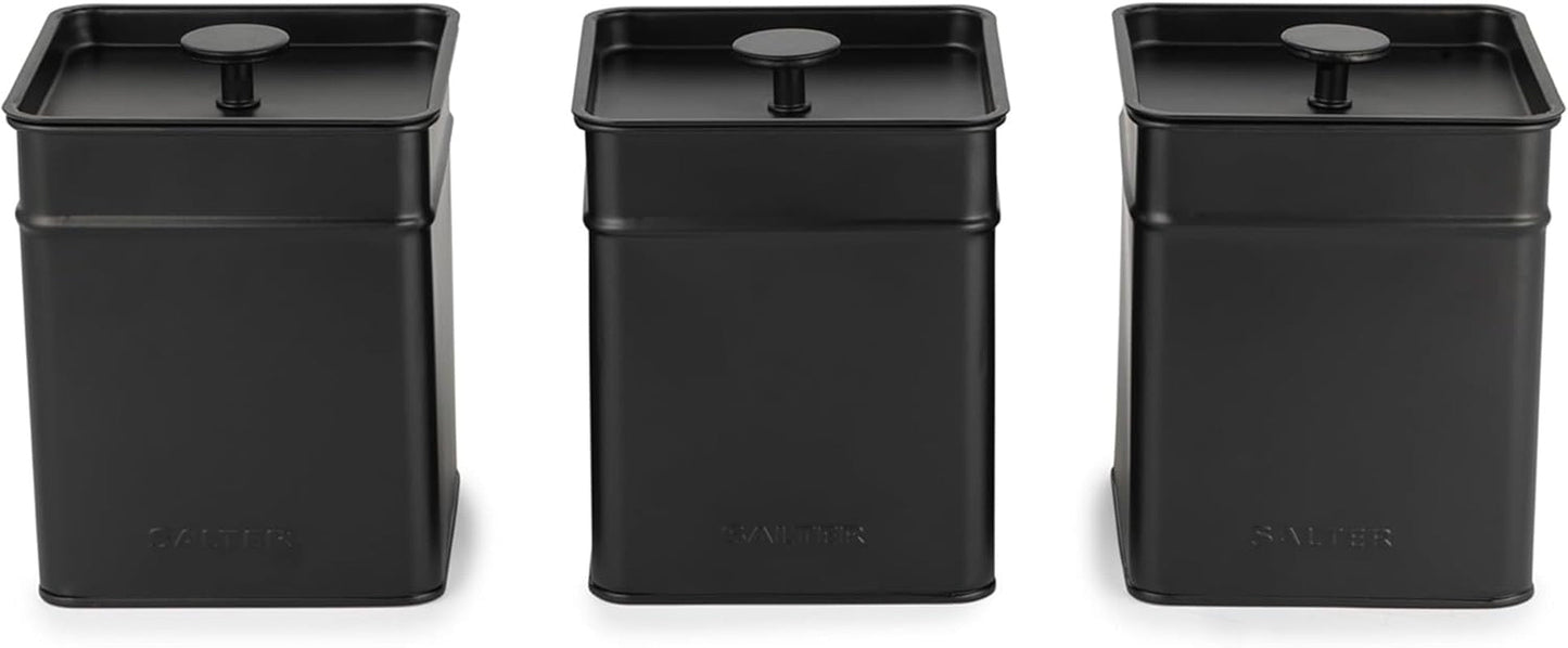 Salter BW12614EU7 Kuro sada úložných boxů – 4 kuchyňské dózy na chléb/čaj/kávu/cukr Čtvercové organizérové boxy Snadné čištění Uchovávejte potraviny čerstvé Skladovací boxy na potraviny Black Naty Shop 3dílná sada