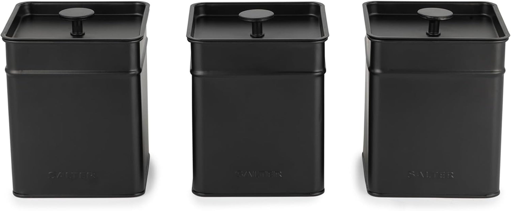 Salter BW12614EU7 Kuro sada úložných boxů – 4 kuchyňské dózy na chléb/čaj/kávu/cukr Čtvercové organizérové boxy Snadné čištění Uchovávejte potraviny čerstvé Skladovací boxy na potraviny Black Naty Shop 3dílná sada