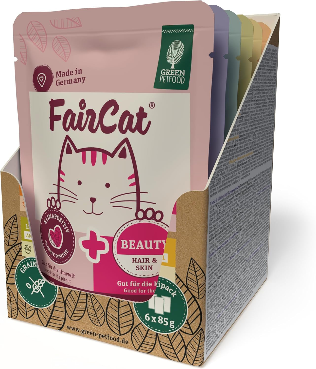 Green Petfood FairCat Multipack (6 x 85 g) | Dospělý | Prémiové vlhké krmivo pro odrostlé kočky 6 verschiedenen leckere Sorten im Multipack | getreidefrei | Katzenfutter nass | 6 balení