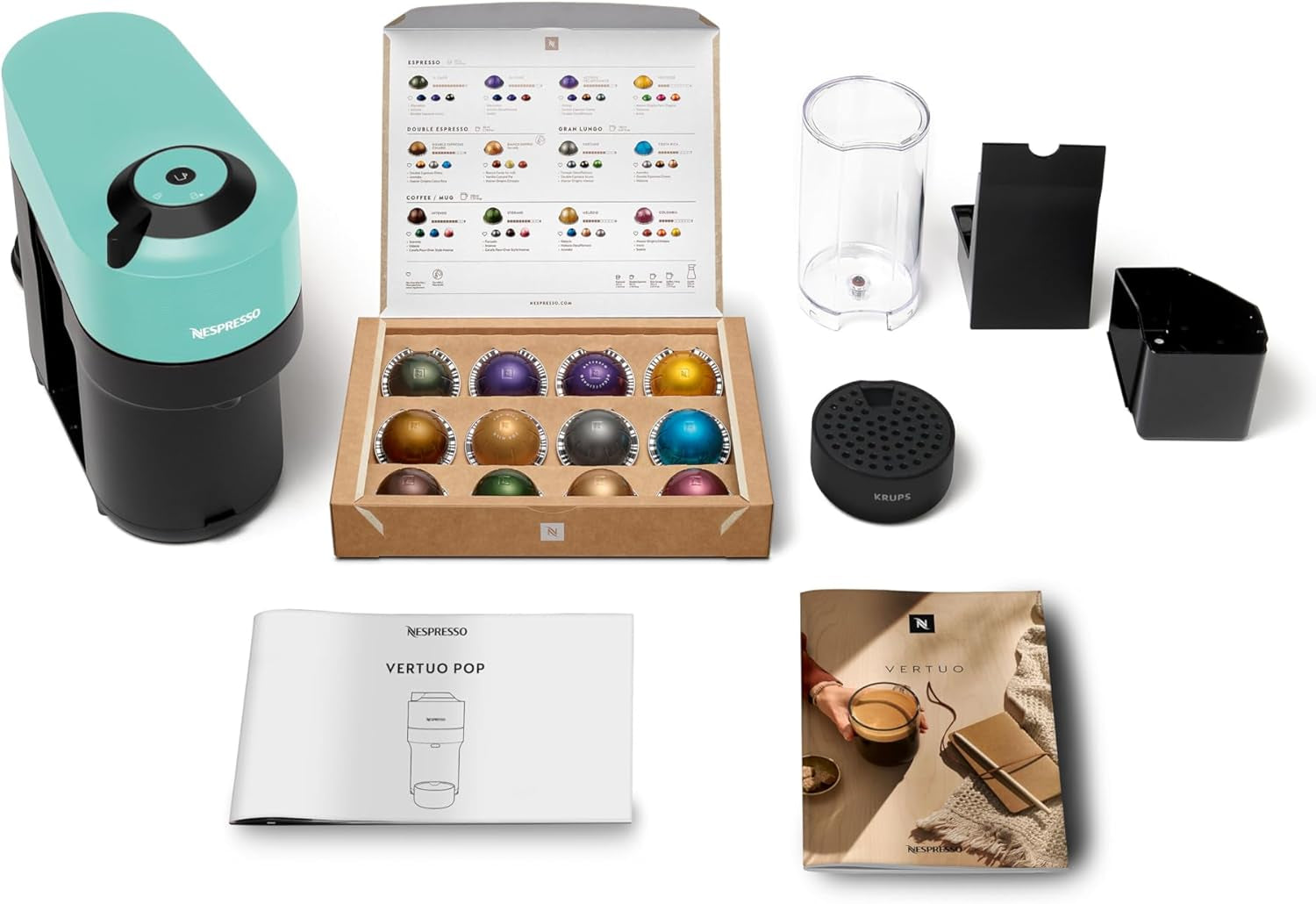 Espresso kávovar s kapslemi Nespresso Krups Vertuo Pop, objem: 560 ml, automatické rozpoznání kapslí, systém jedním dotykem, 4 velikosti šálků, zkrácená doba ohřevu, udržitelný, Aqua Mint, XN9204