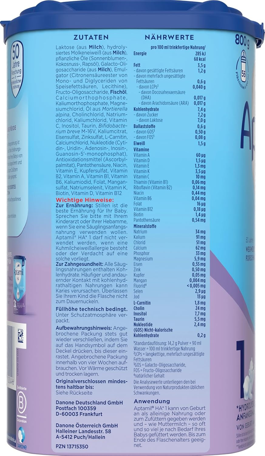 Aptamil HA 1 - kojenecká výživa od narození, s DHA, bez laktózy, bez palmového oleje, dětská výživa, sušené mléko, 1 x 800 g