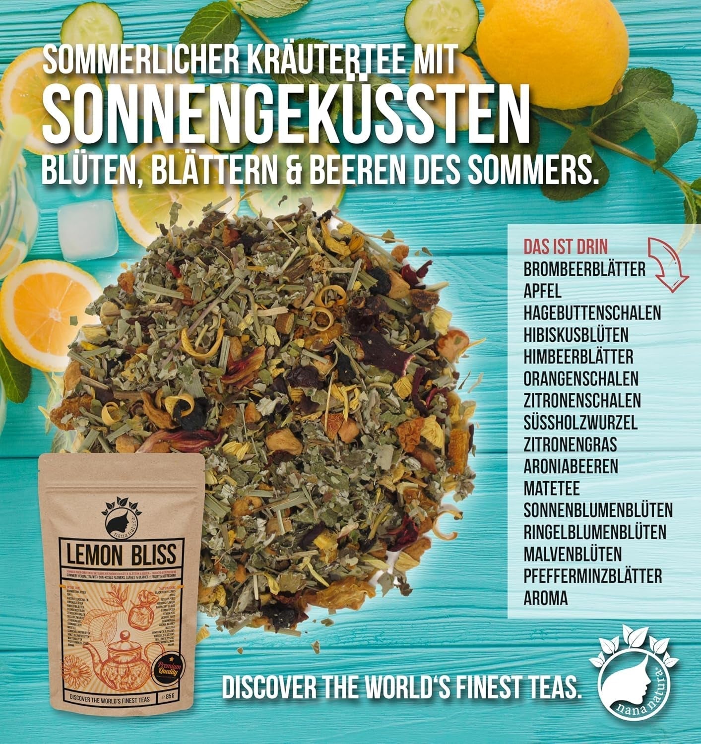 Nananatura Original LEMON BLISS TEA 85G | Ovocný a osvěžující letní bylinkový čaj | Jako studený čaj, ledový čaj nebo klasický horký | S květy, listy a na slunci vyzrálými bobulemi | Žádný cukr