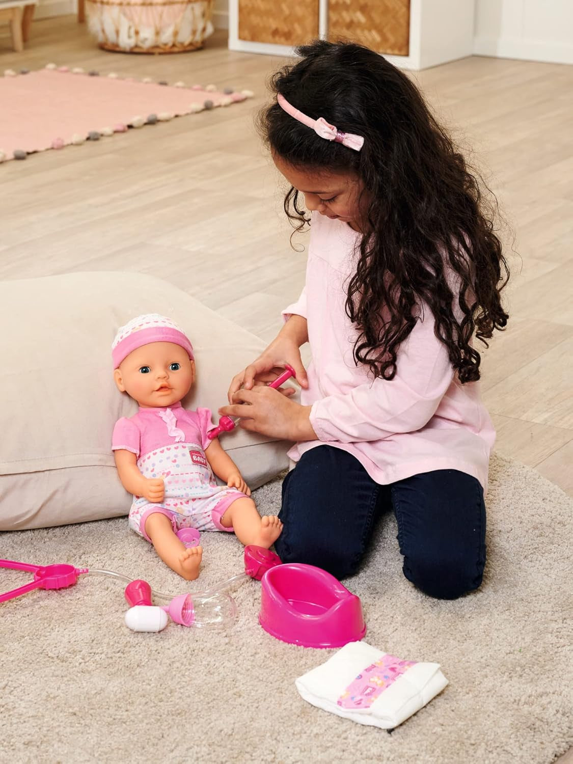 Simba 105562487 - New Born Baby First Nursing Set, dudlík, plenka a lahvička na mléko s mizejícím obsahem, pro panenky 38-43 cm Naty Shop Dolls