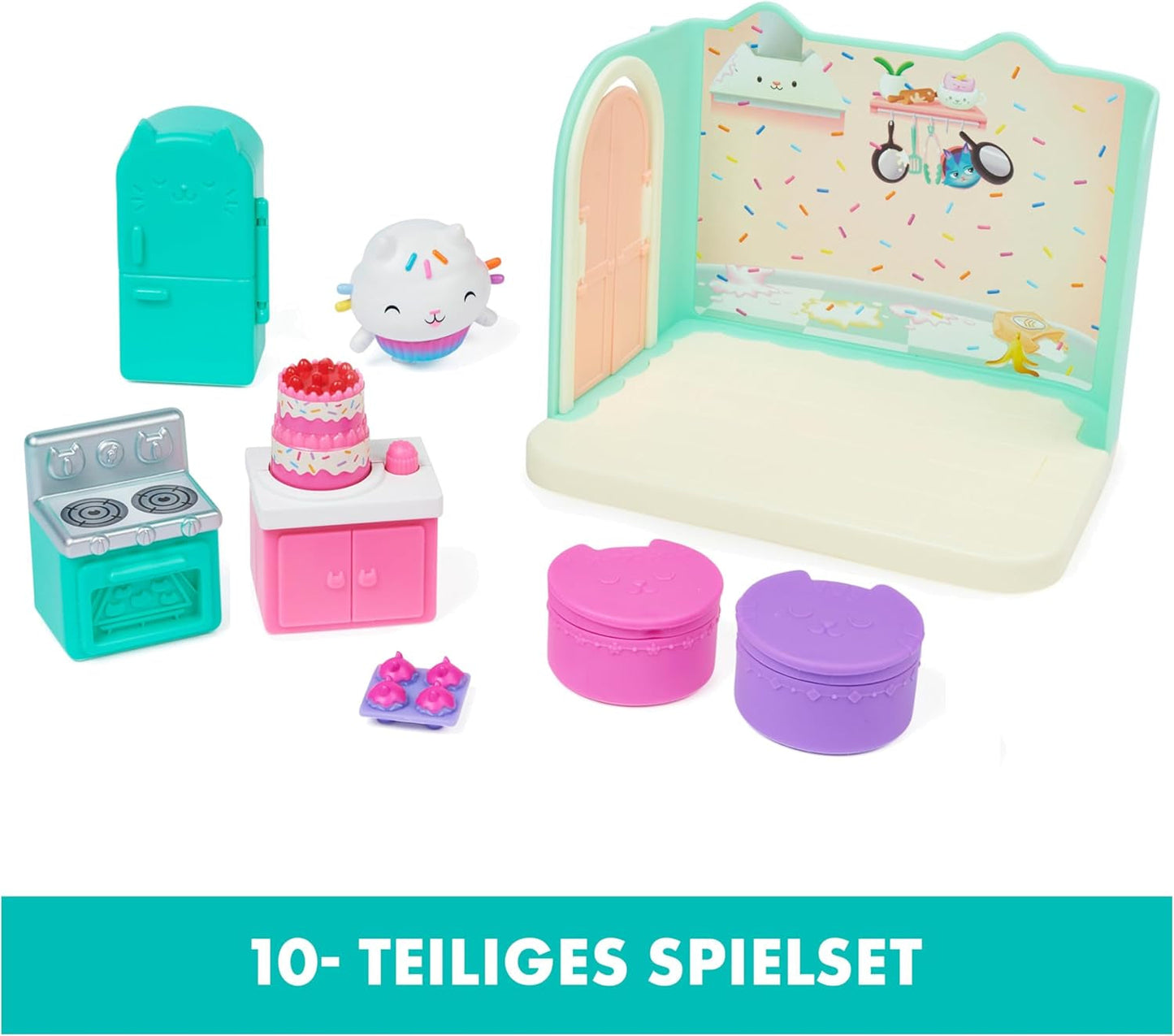 DOMEČEK PRO PANENKY GABBY'S DREAMWORKS - Pokoj Deluxe, Cukrárna Cakey, Kuchyňka Kuchi (rumunsky Cakey), 3 kusy nábytku a 2 krabice s překvapením s příslušenstvím, vhodné pro děti od 3 let