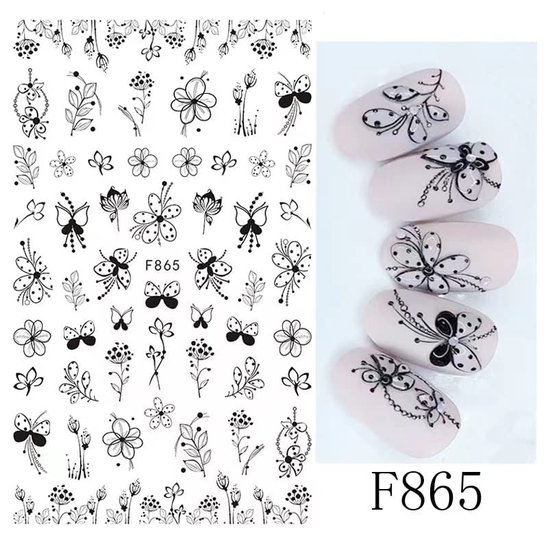 JMEOWIO Nálepka na nehty Blumen 10 Blatt Nagelaufkleber Selbtklebend Černá Bílá Blossom Nálepka na nehty Dekoration Nageldesign Zubehör