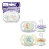 Noční dudlík Philips AVENT Ultra Start, ortodontický dudlík pro novorozence, zářící ve tmě, bez BPA, se sterilizační nádobkou, dvojité balení, měsíc, hvězda, SCF075/07