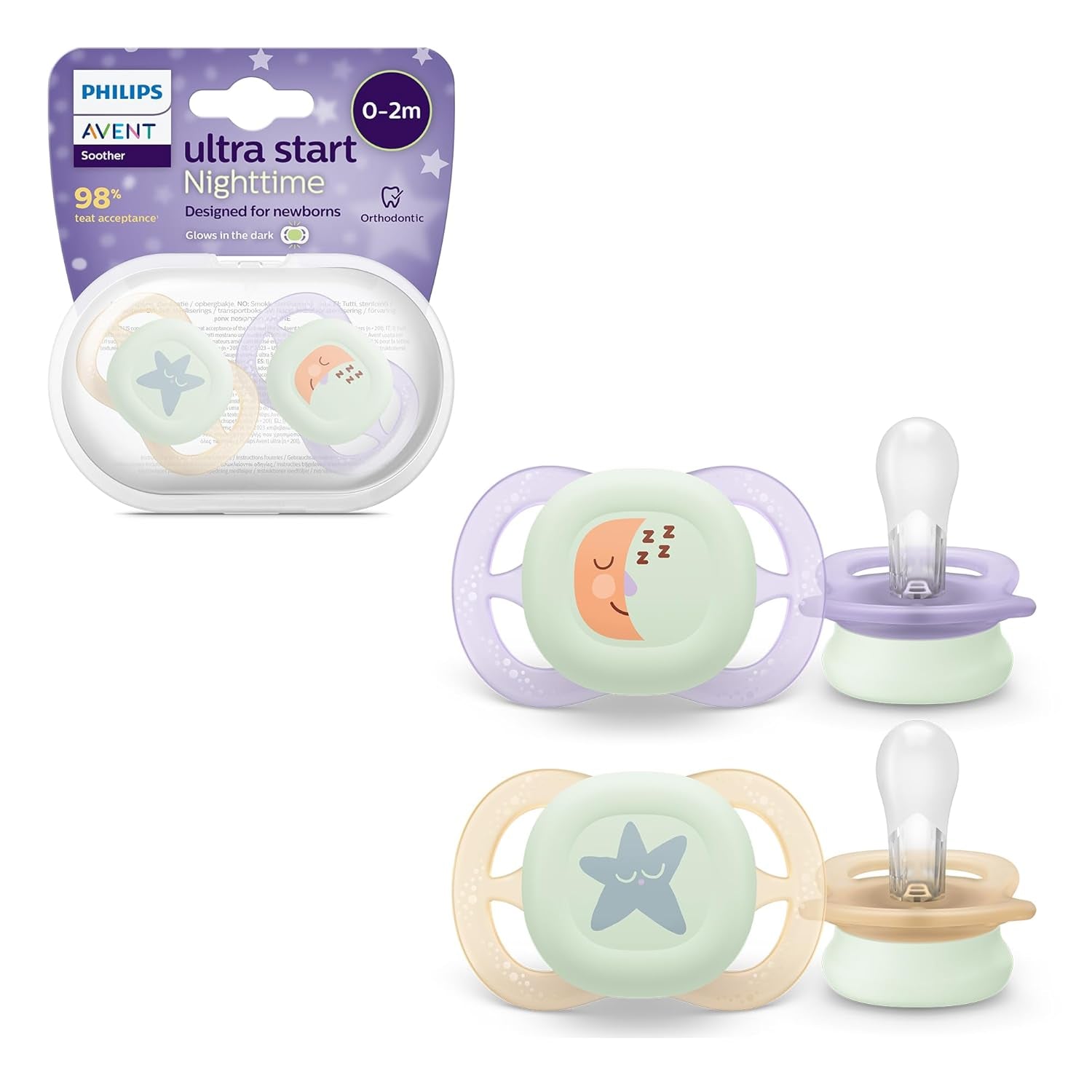 Noční dudlík Philips AVENT Ultra Start, ortodontický dudlík pro novorozence, zářící ve tmě, bez BPA, se sterilizační nádobkou, dvojité balení, měsíc, hvězda, SCF075/07