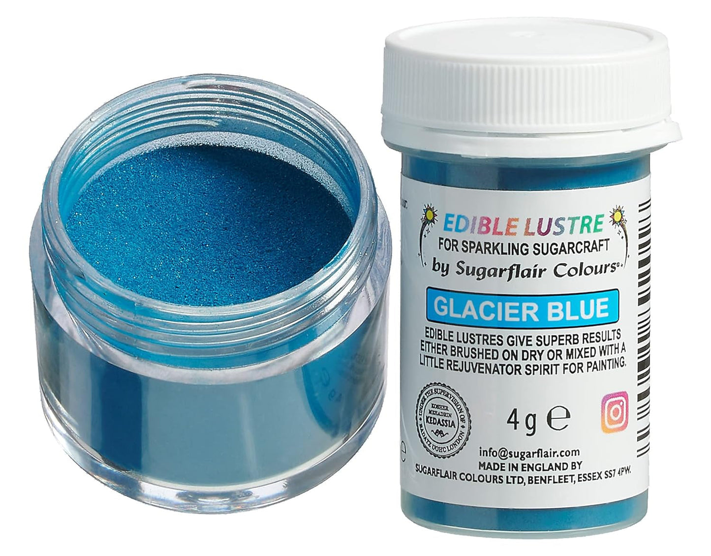 Sugarflair Luster Jedlé potravinářské barvivo, Glacier Blue – Jedlý prášek s leskem na dorty, muffiny, čokoládu, pečivo, zákusky, zmrzlinu, nápoje, koktejly a další – 4 g