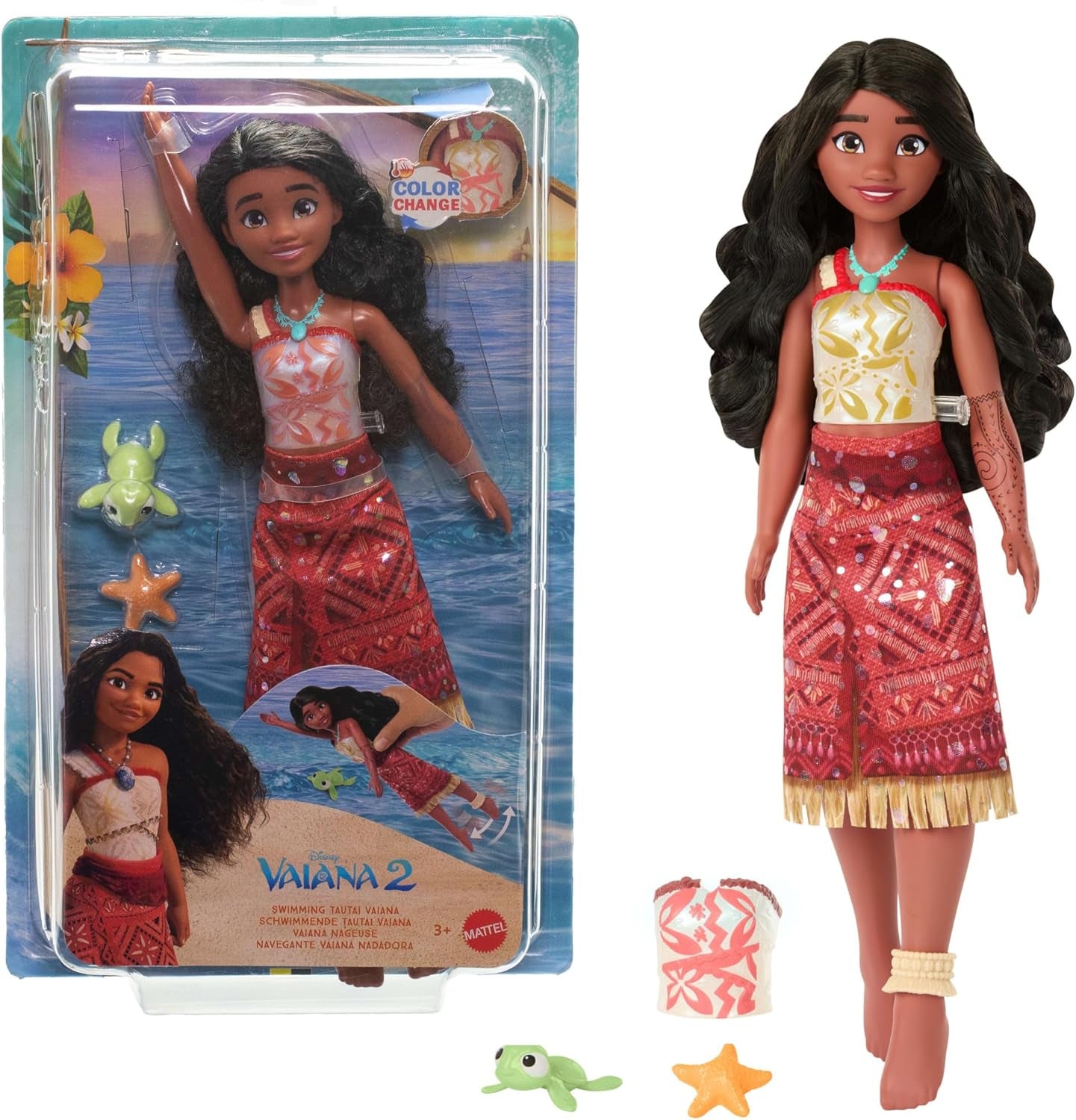 Mattel Toys Disney Moana 2 Tautai Moana plavecká módní panenka se 2 doplňky, vršek měnící barvu a nohy pro plavání Inspirováno filmem JFF09