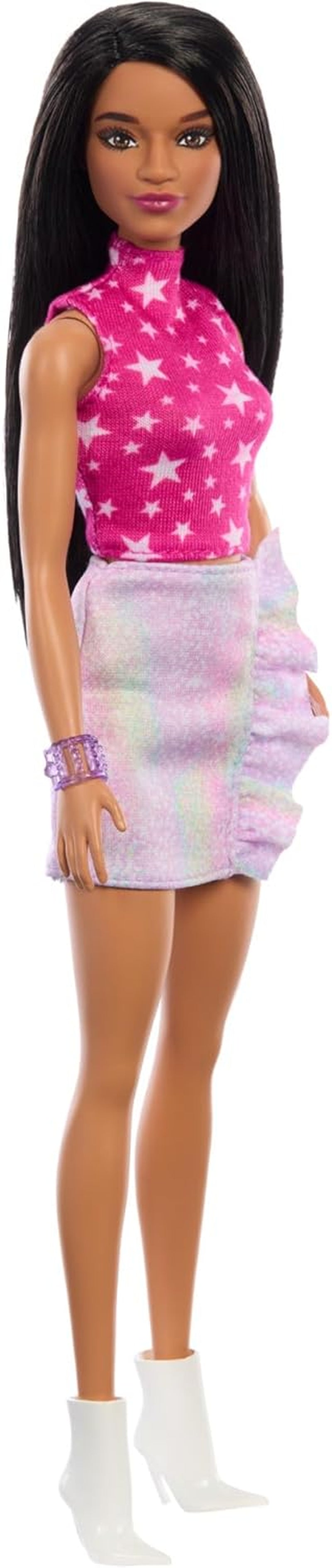 Panenka Barbie Fashionistas č. 215 s rovnými černými vlasy, top s růžovým vzorem hvězd a duhovou sukní, sběratelská módní panenka k 65. narozeninám, HRH13 Naty Shop Dolls Výchozí název