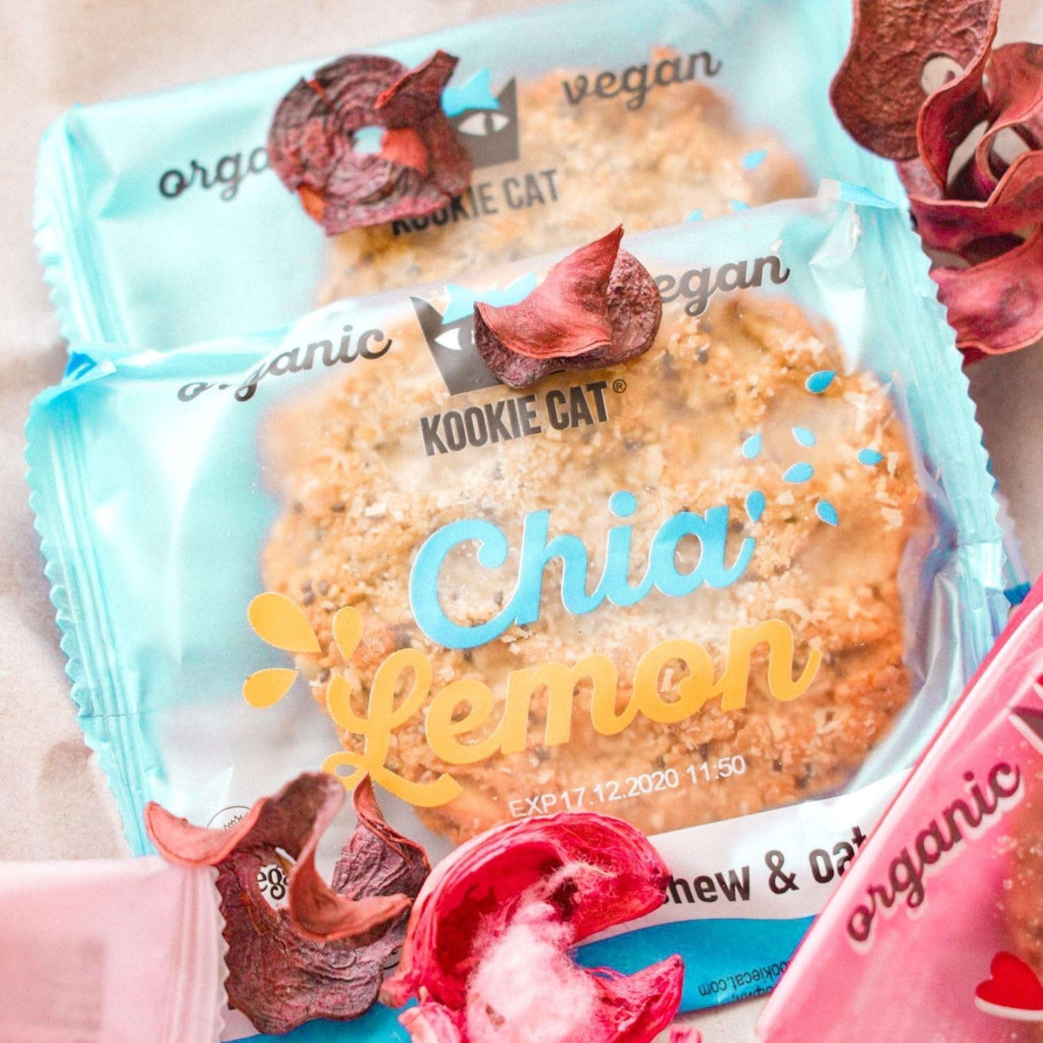 Chia a citron – jednotlivě balené veganské sušenky, bez lepku, bez sóji, bio, kešu a oves – 12 x 50 g multipack